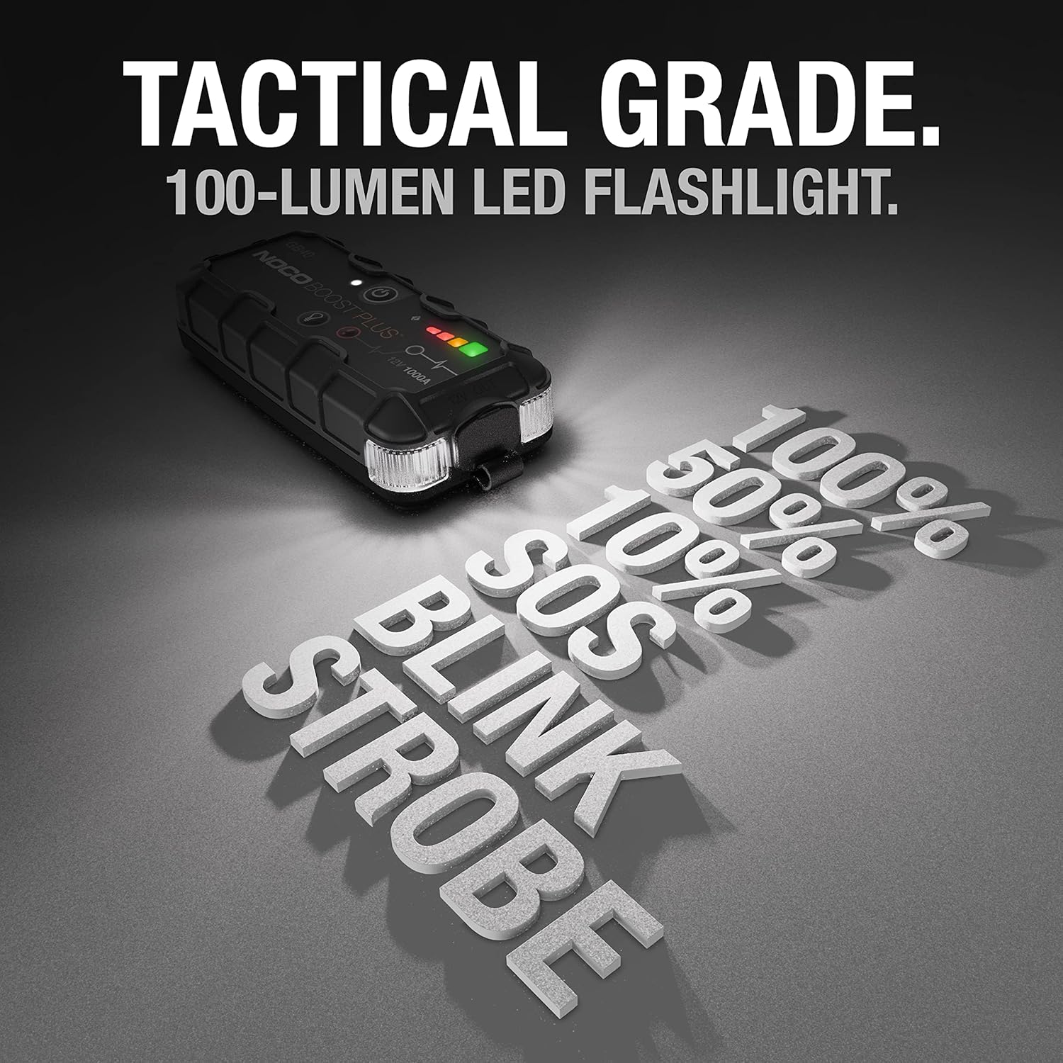 Highlights the product's tactical-grade quality and 100-lumen LED brightness to emphasize its professional-level performance. Communicates the specific light output of the flashlight to help…