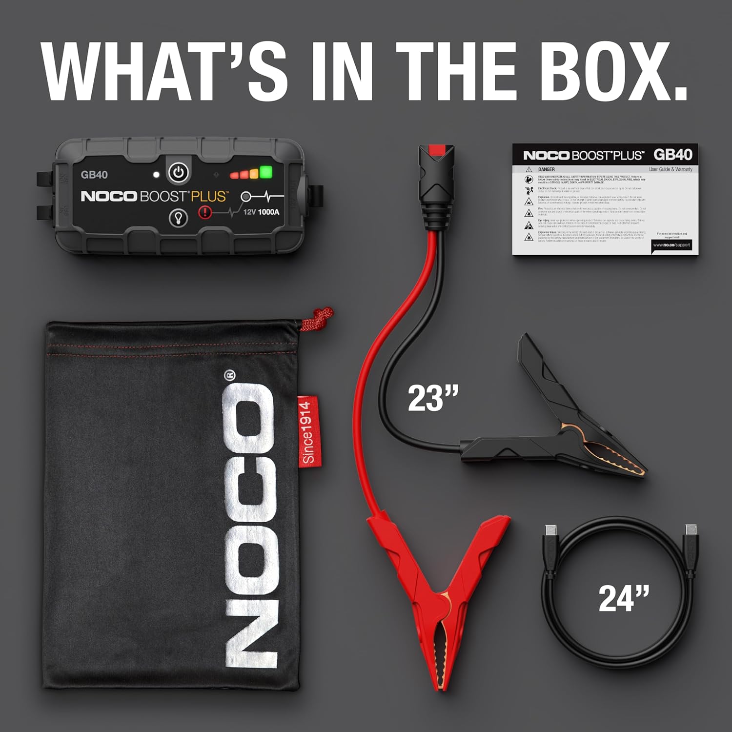 Shows all items included in the NOCO Boost Plus GB40 jump starter kit, helping customers understand exactly what they'll receive.