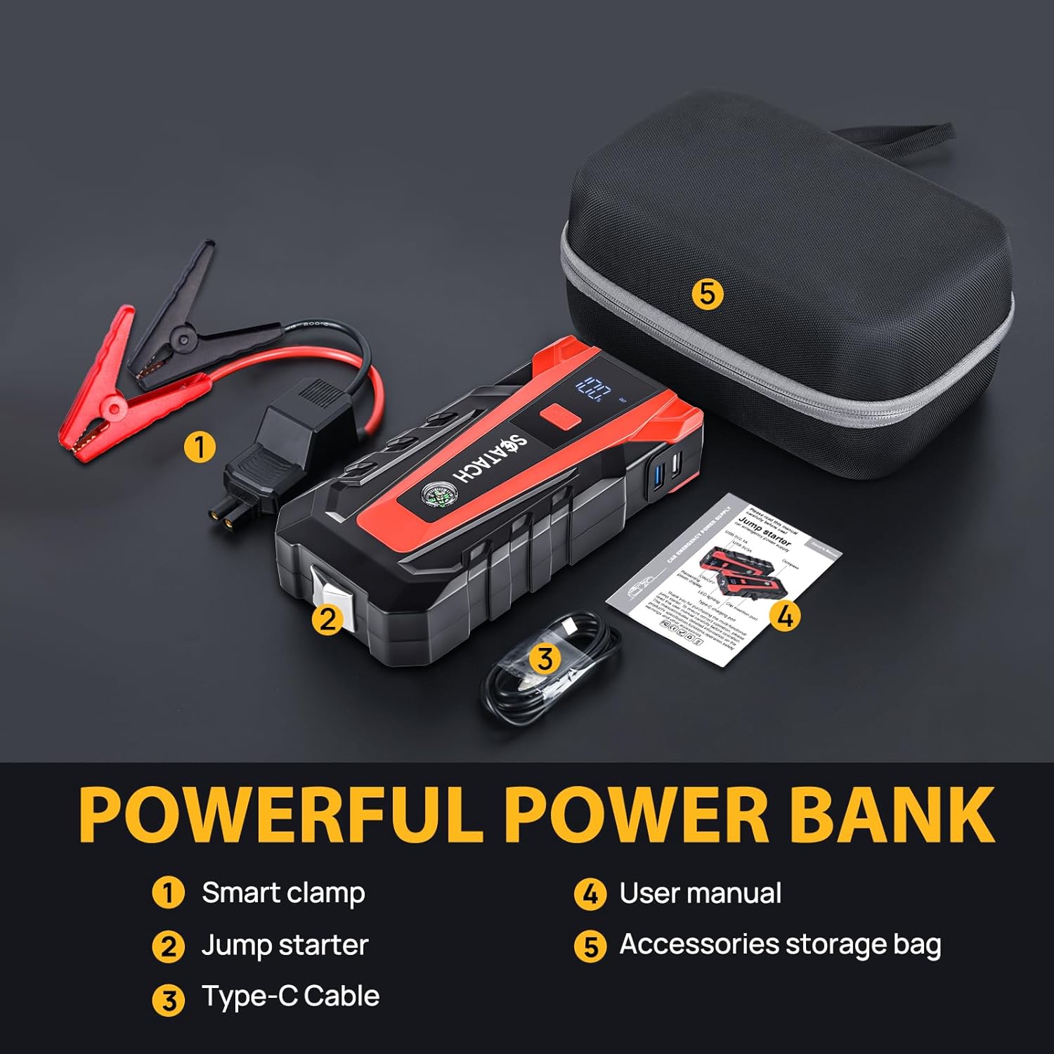 Shows all the items included in the power bank jump starter kit, highlighting its completeness and versatility.