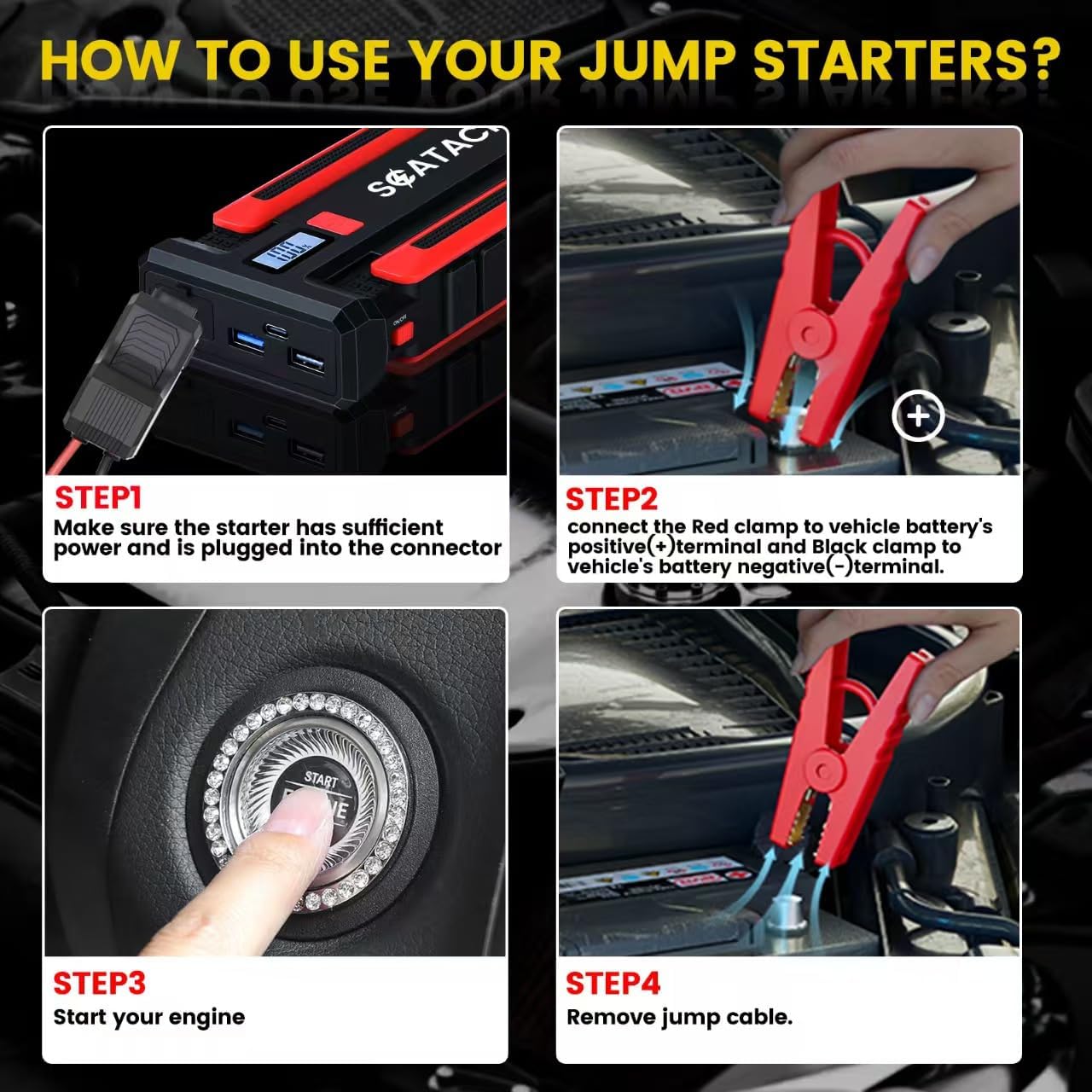 Provides step-by-step instructions on how to properly use a jump starter to start a vehicle with a dead battery.