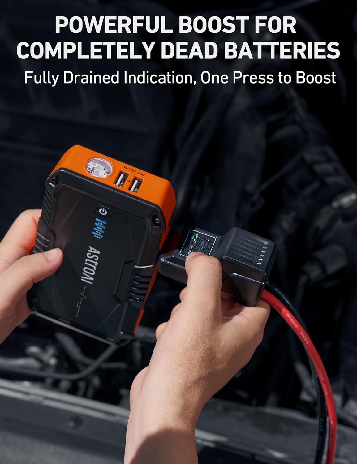 Highlights the product's ability to jump-start completely dead car batteries with just one press, providing reassurance for drivers in emergency situations.