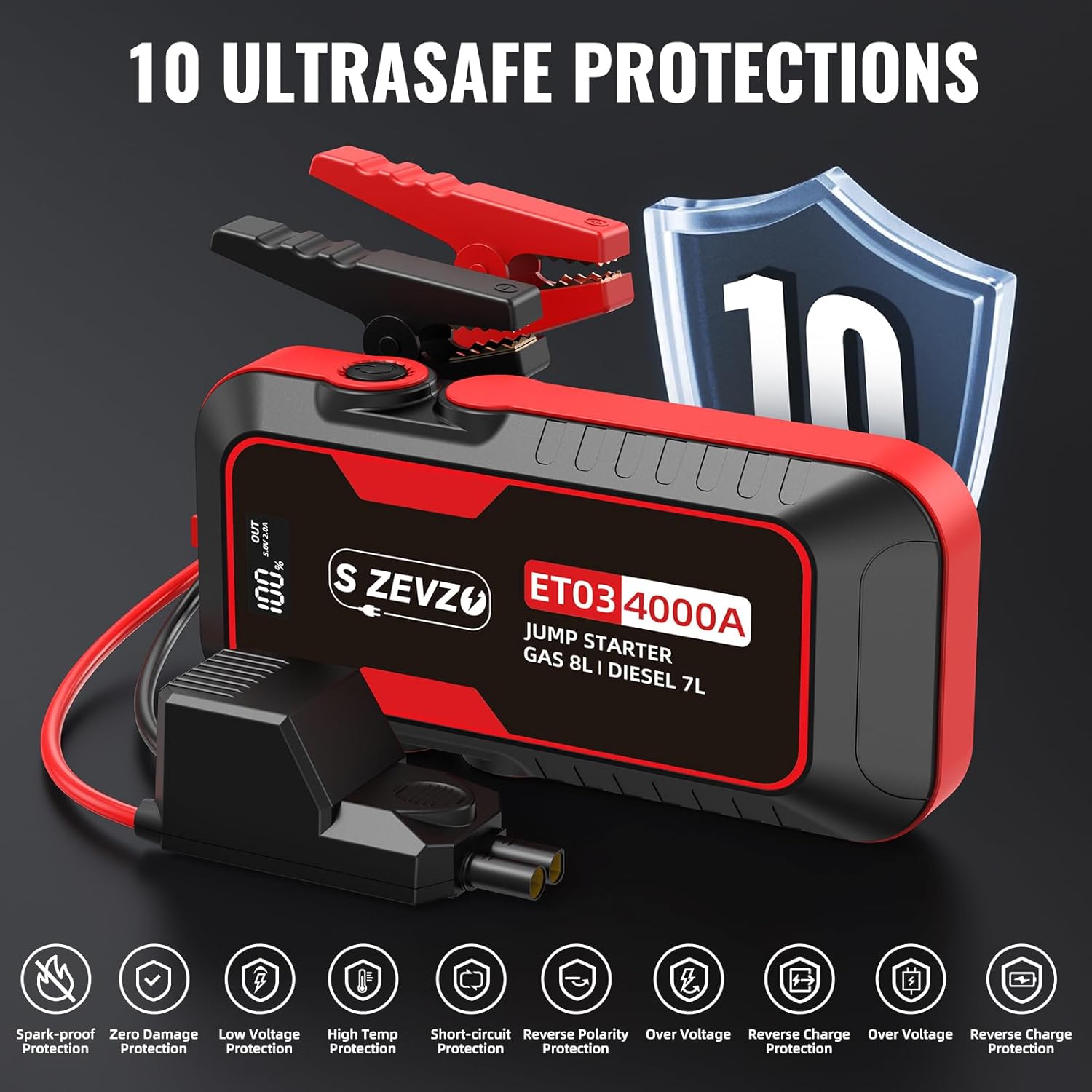 Highlights the 10 safety features of the jump starter to reassure customers about its reliability and safety during use. Emphasizes the product's extensive safety measures to build trust and…