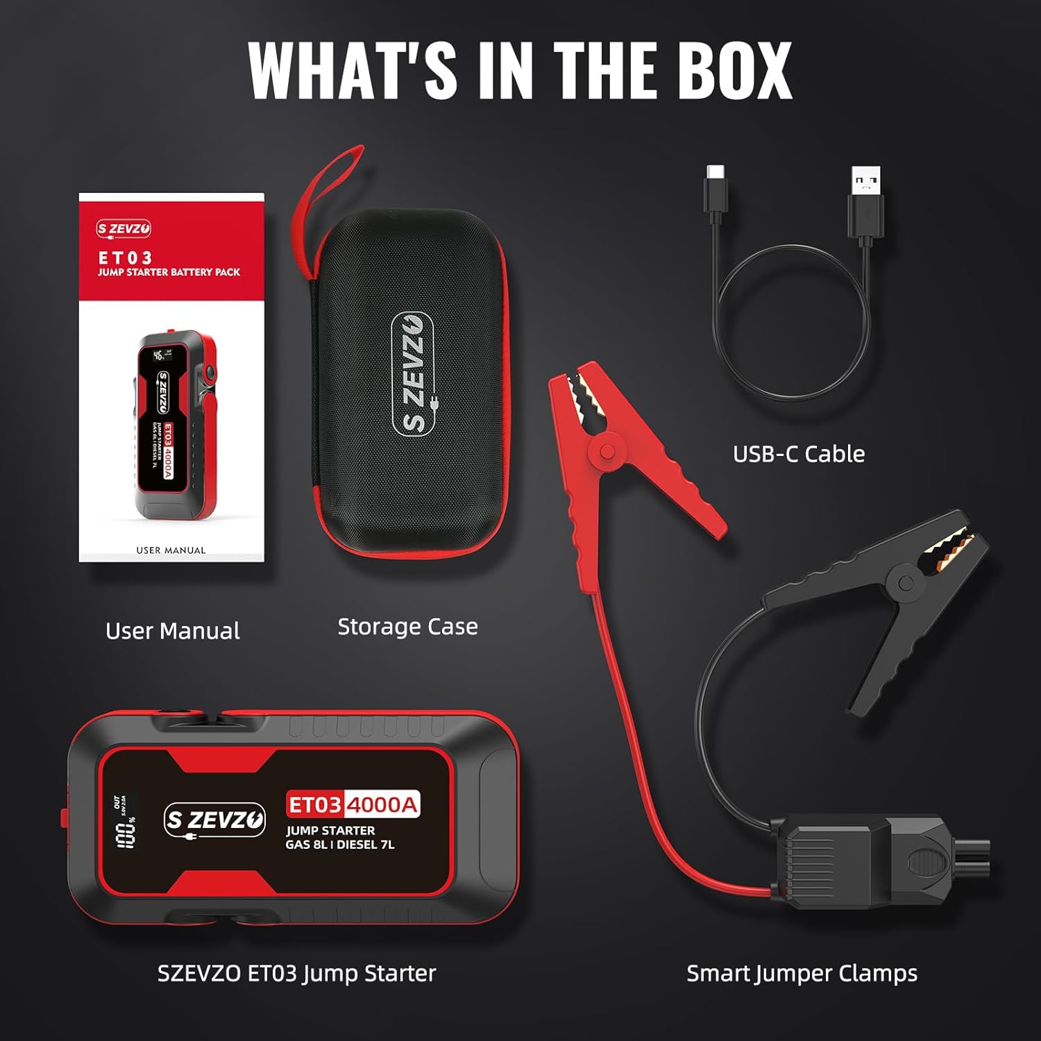 Shows all items included in the SZEVZO ET03 Jump Starter kit, reassuring customers of the complete package they'll receive.