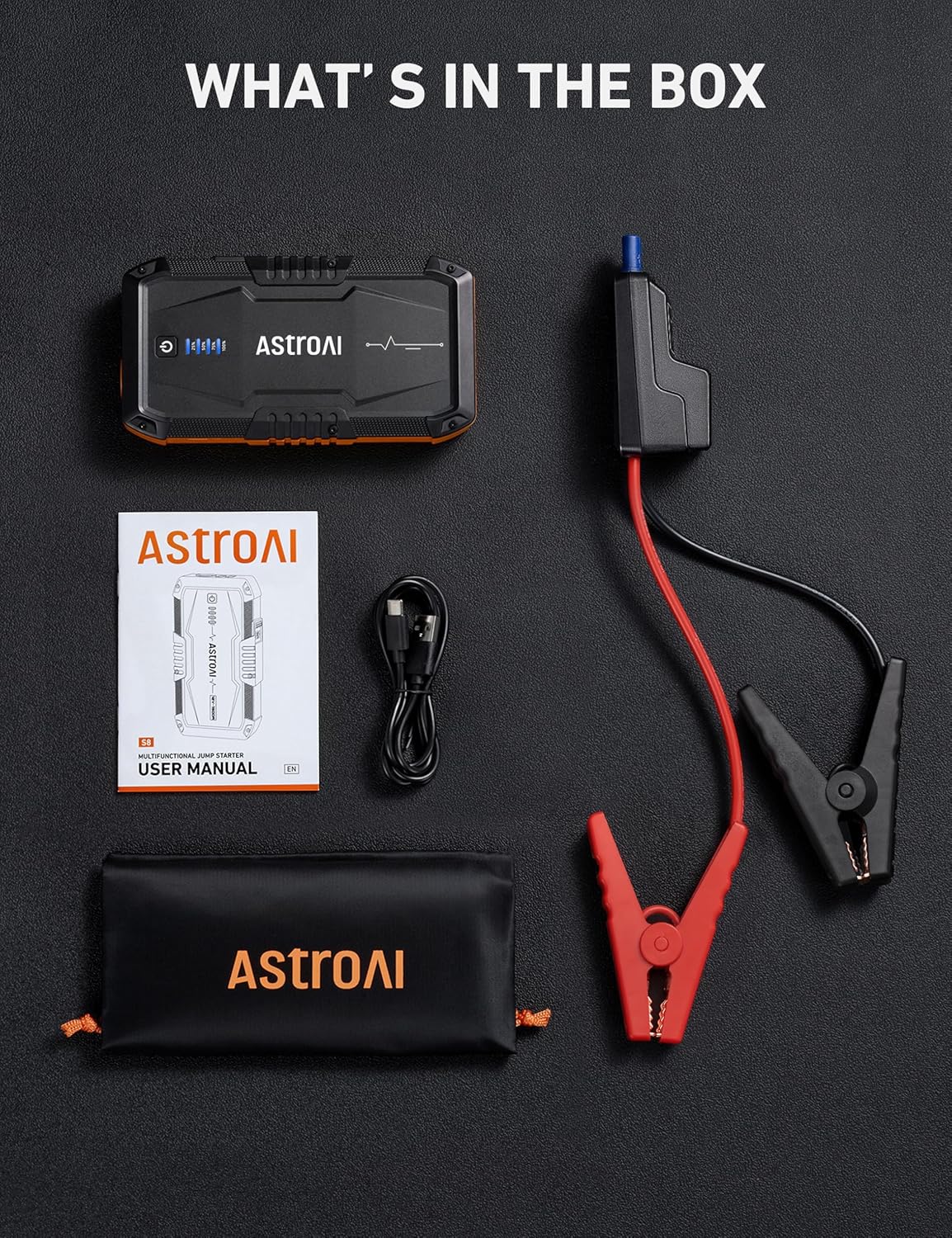 Shows all items included in the Astroai jump starter kit, helping customers understand exactly what they'll receive with their purchase.