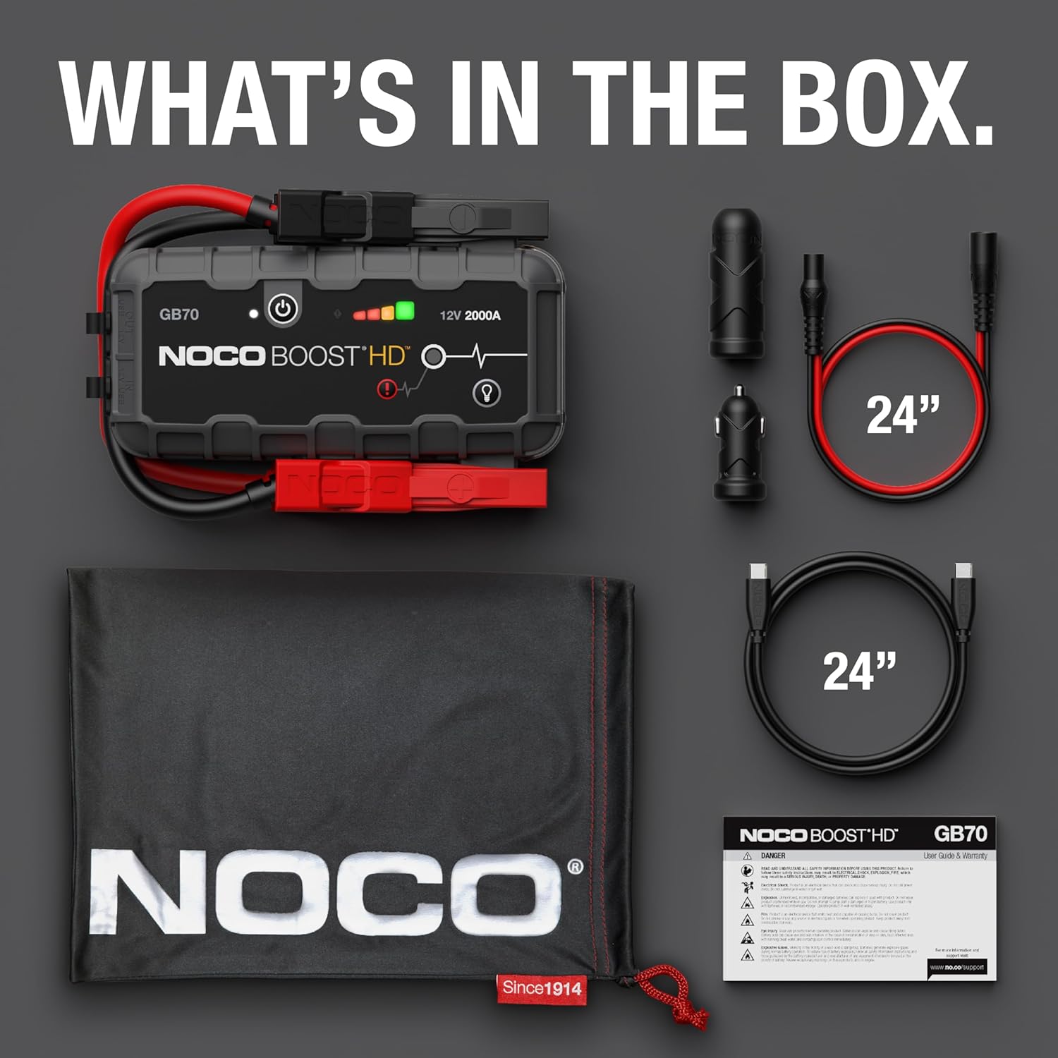 Shows all the components included with the NOCO Boost HD jump starter, helping customers understand the complete package they're receiving.
