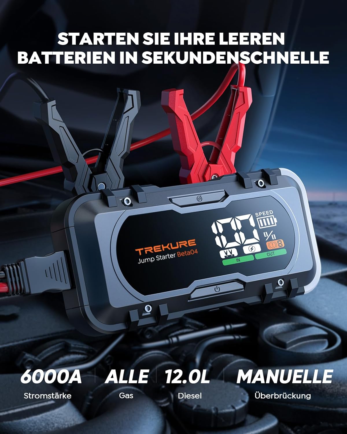 Highlights the key features of the jump starter, including its high amperage, compatibility with different engine types, and fast operation.
