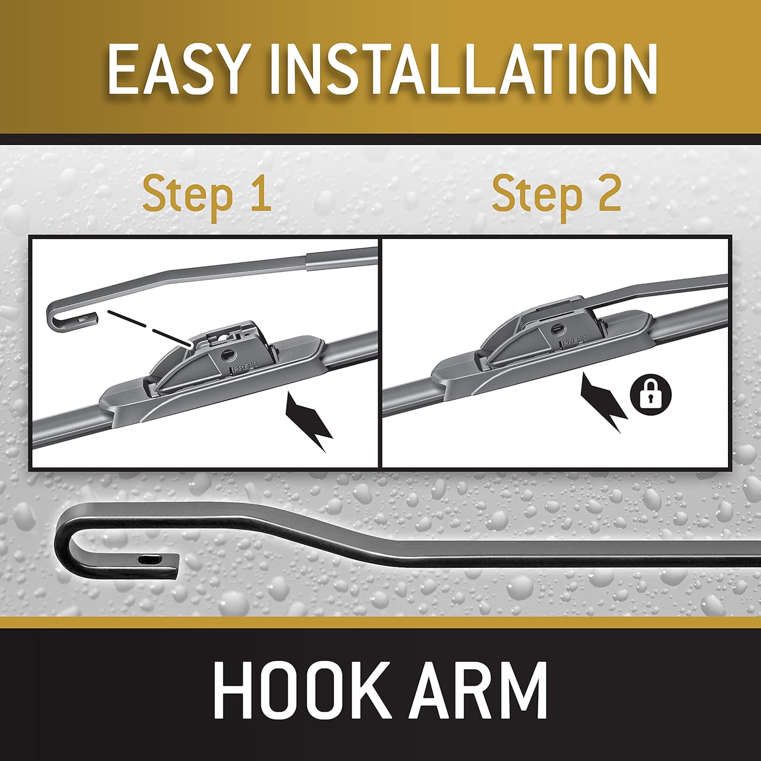 Demonstrates the simple two-step process for installing the product, likely a windshield wiper blade.