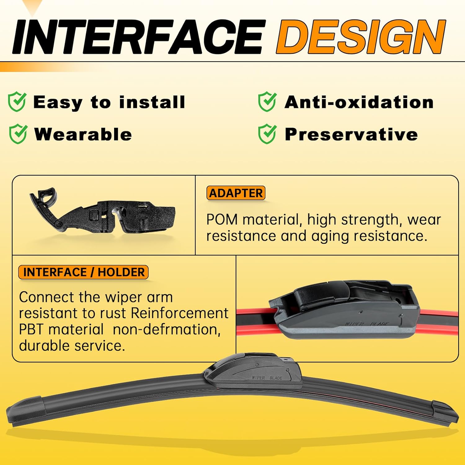 Highlights multiple features and benefits of the interface design, including ease of installation, durability, and resistance to wear and oxidation.