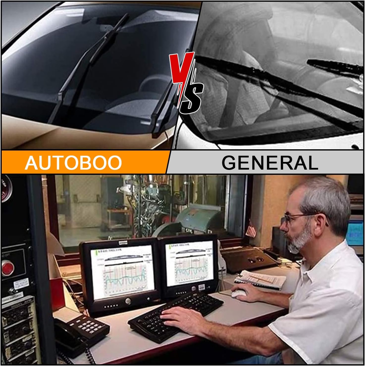 Compares the performance of Autoboo windshield wipers against generic wipers to demonstrate superior visibility and safety in wet conditions.