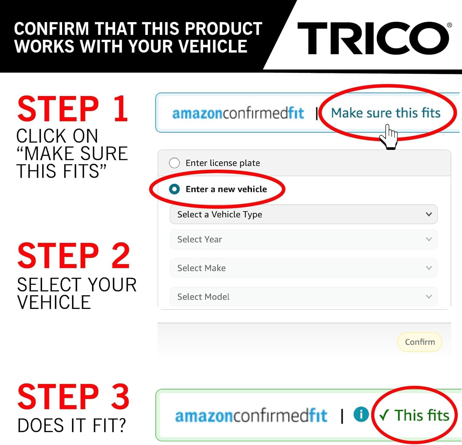 Guides customers through the process of checking if the product is compatible with their specific vehicle using Amazon's compatibility tool.