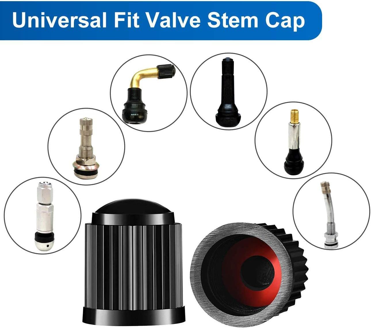 Demonstrates the product's compatibility with various valve stem types, reassuring customers it will work with their vehicle.
