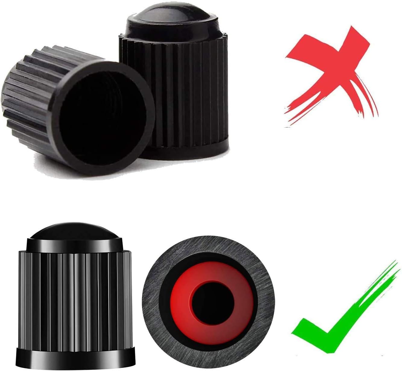 Highlights the improved design of the product's valve caps, showing the difference between the old and new versions to emphasize enhanced functionality.