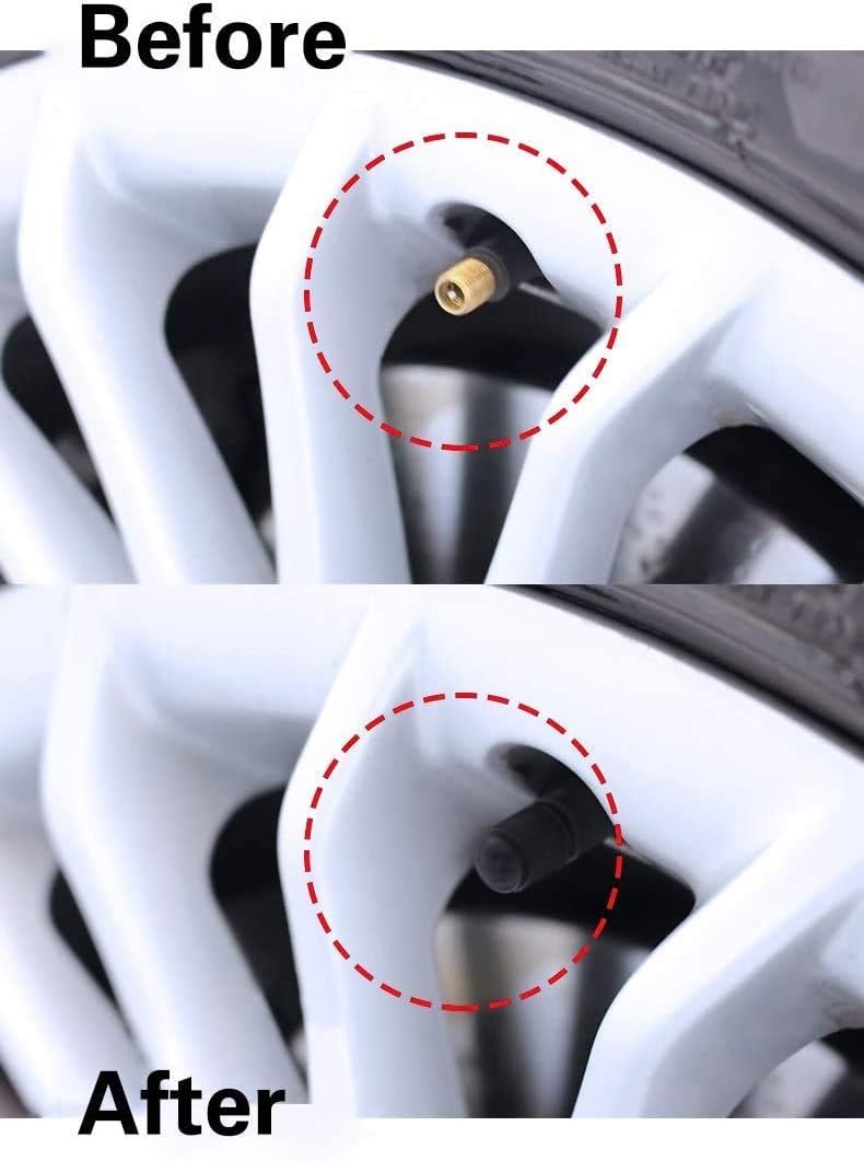 Demonstrates the visual difference between an old brass valve stem and a new black valve stem, highlighting the product's ability to update the appearance of car wheels.