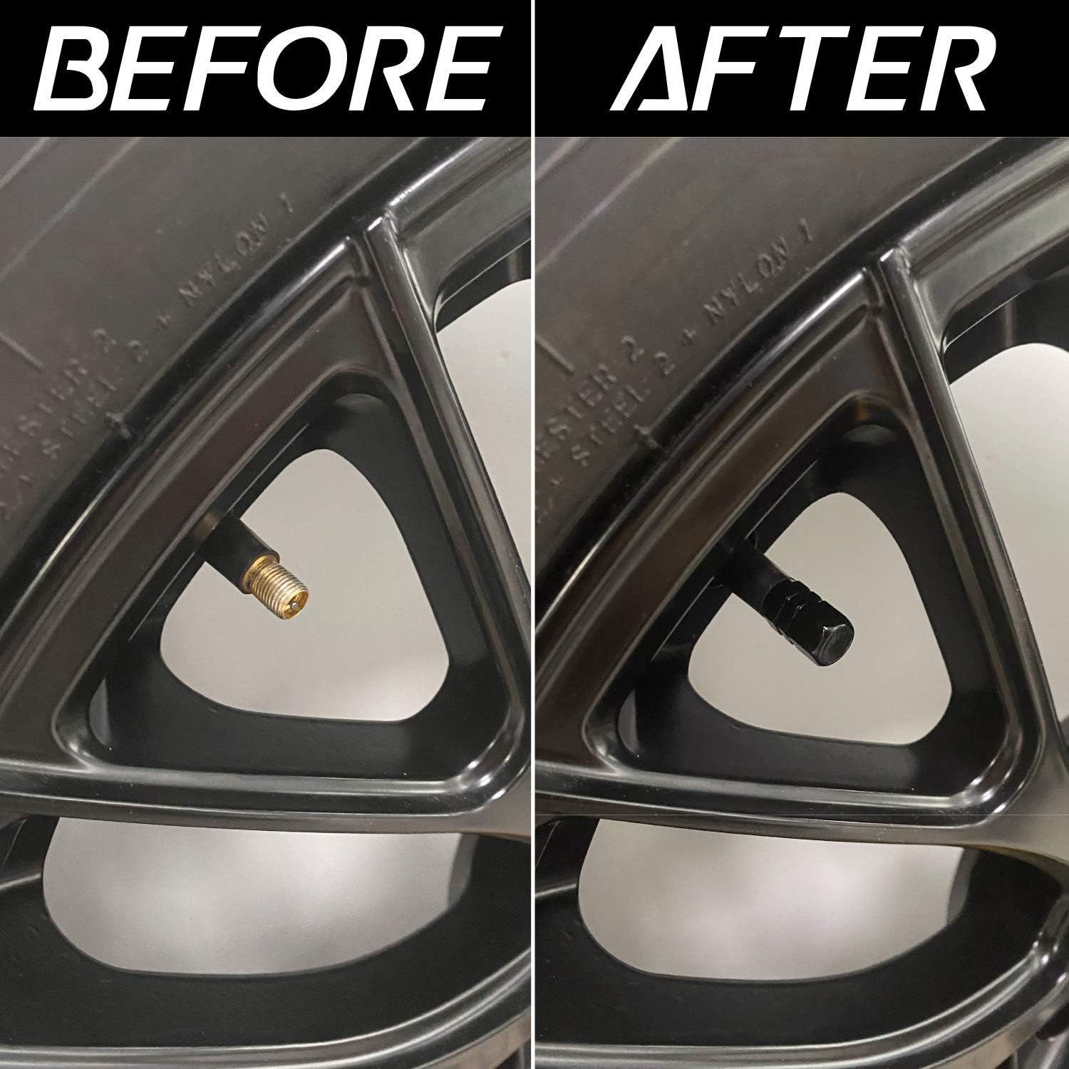 Demonstrates the transformation of a wheel valve stem from a standard gold-colored stem to a sleeker black stem, highlighting an aesthetic upgrade for car enthusiasts.