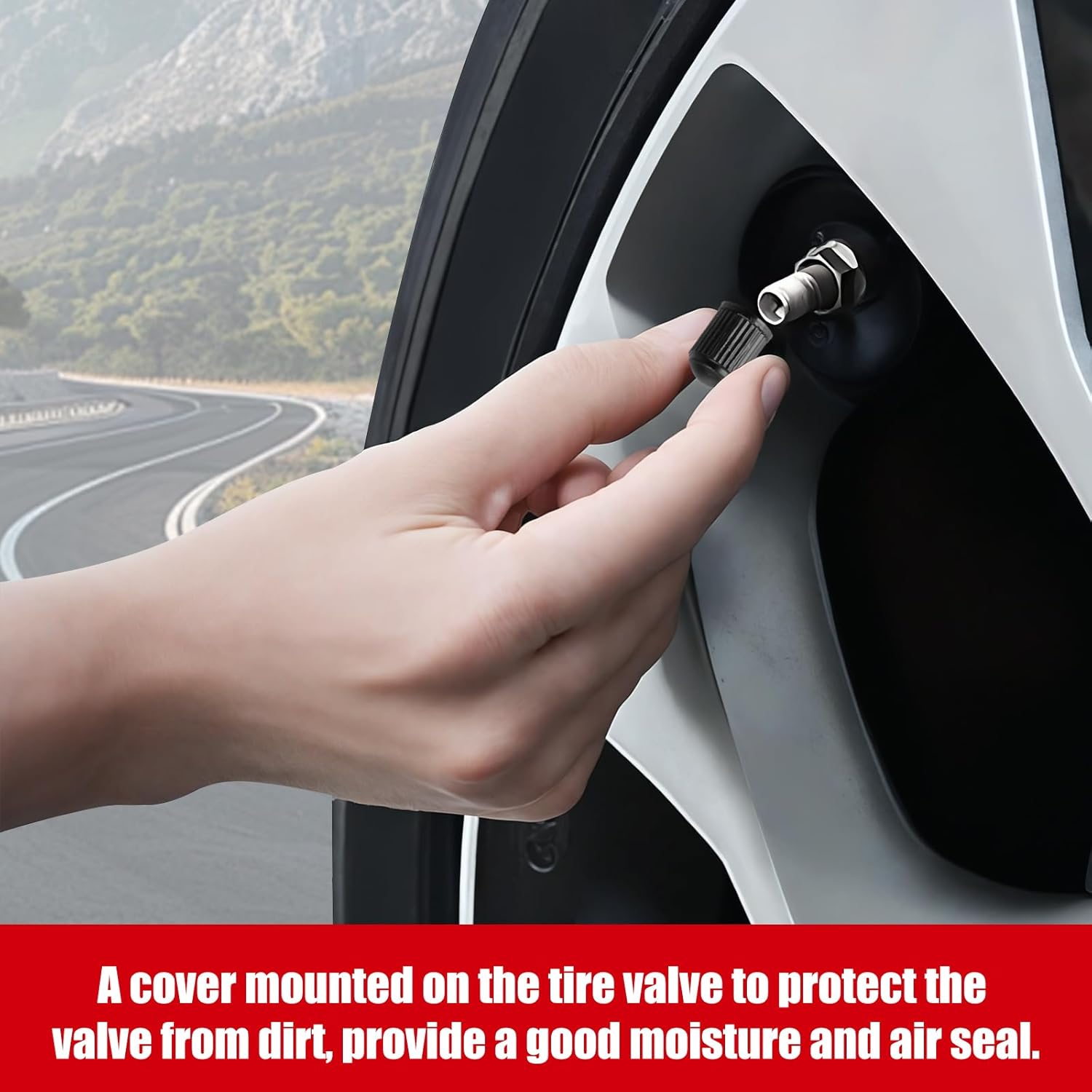 Highlights the product's ability to protect the tire valve from dirt and provide a good moisture and air seal.