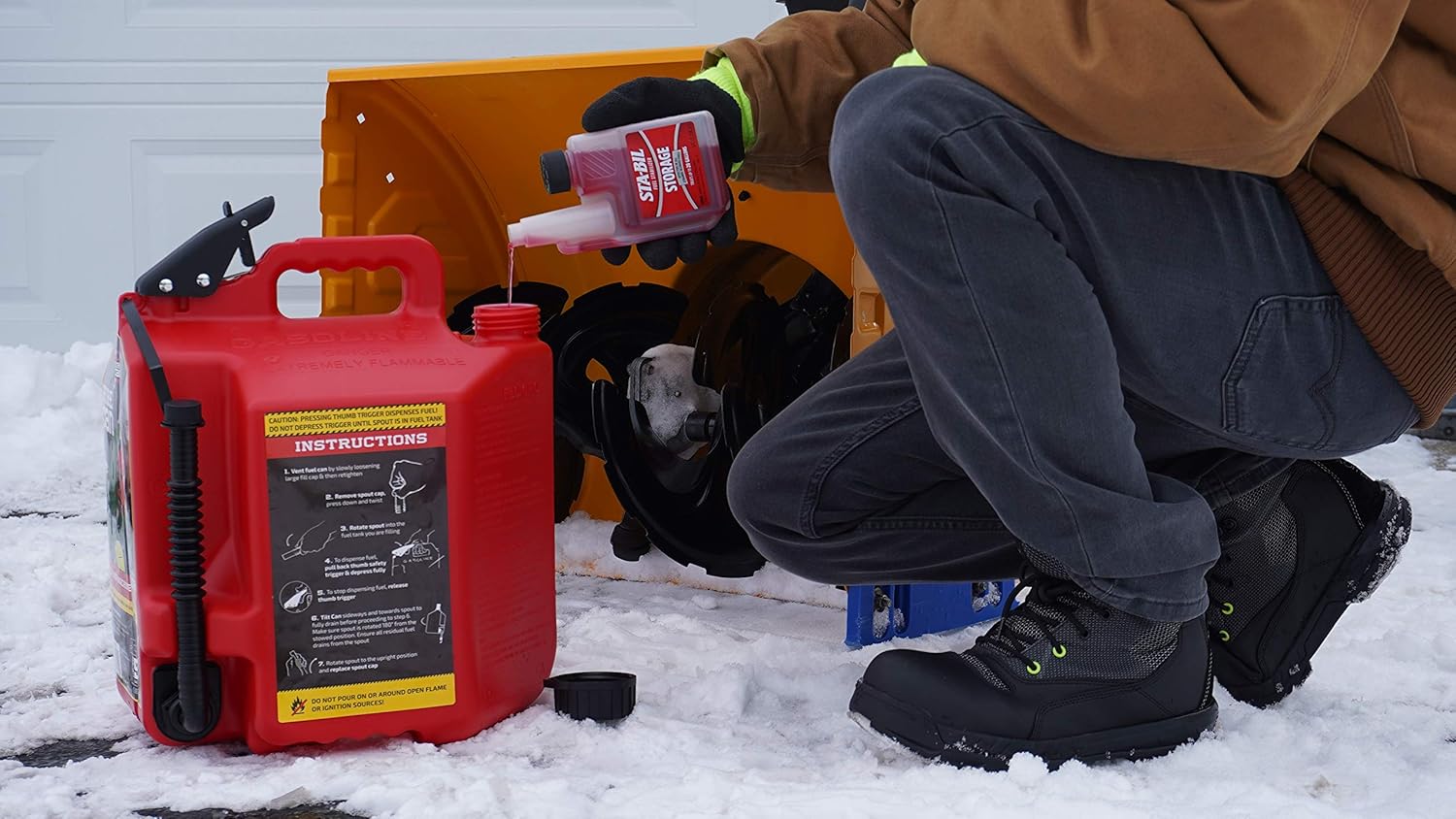 Demonstrates the correct way to mix fuel for a snow blower, emphasizing safety and proper technique.