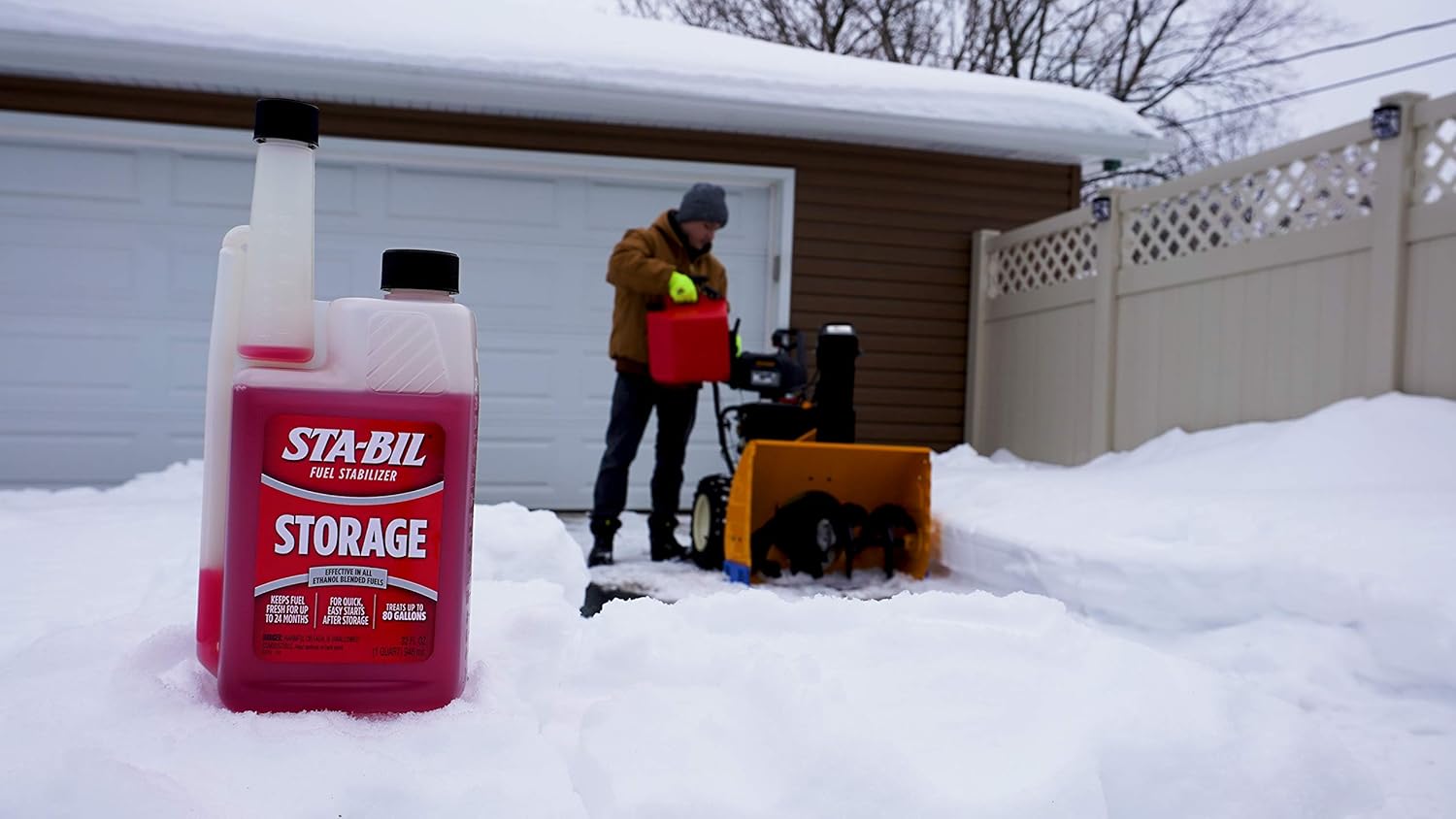 Demonstrates the product's use in winter conditions for storing fuel and maintaining snow removal equipment.
