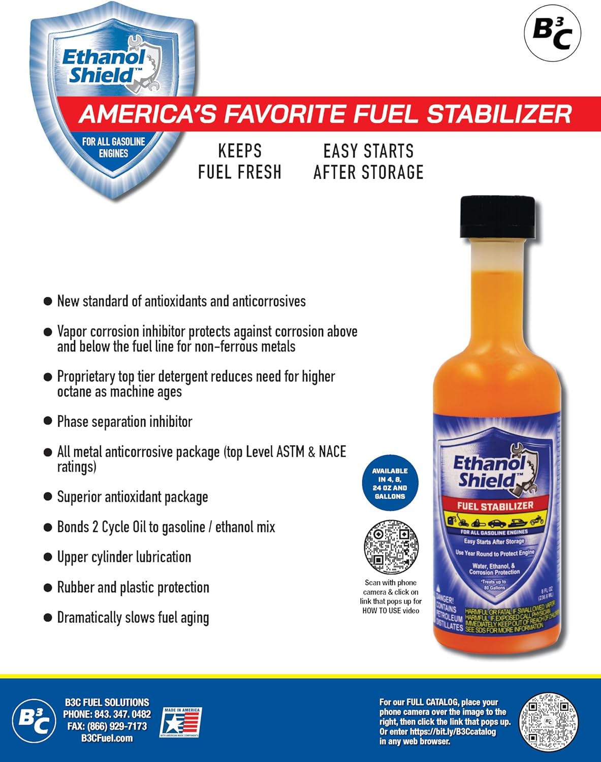 Highlights multiple benefits of the fuel stabilizer product, including keeping fuel fresh, easy engine starts, and various protective qualities.