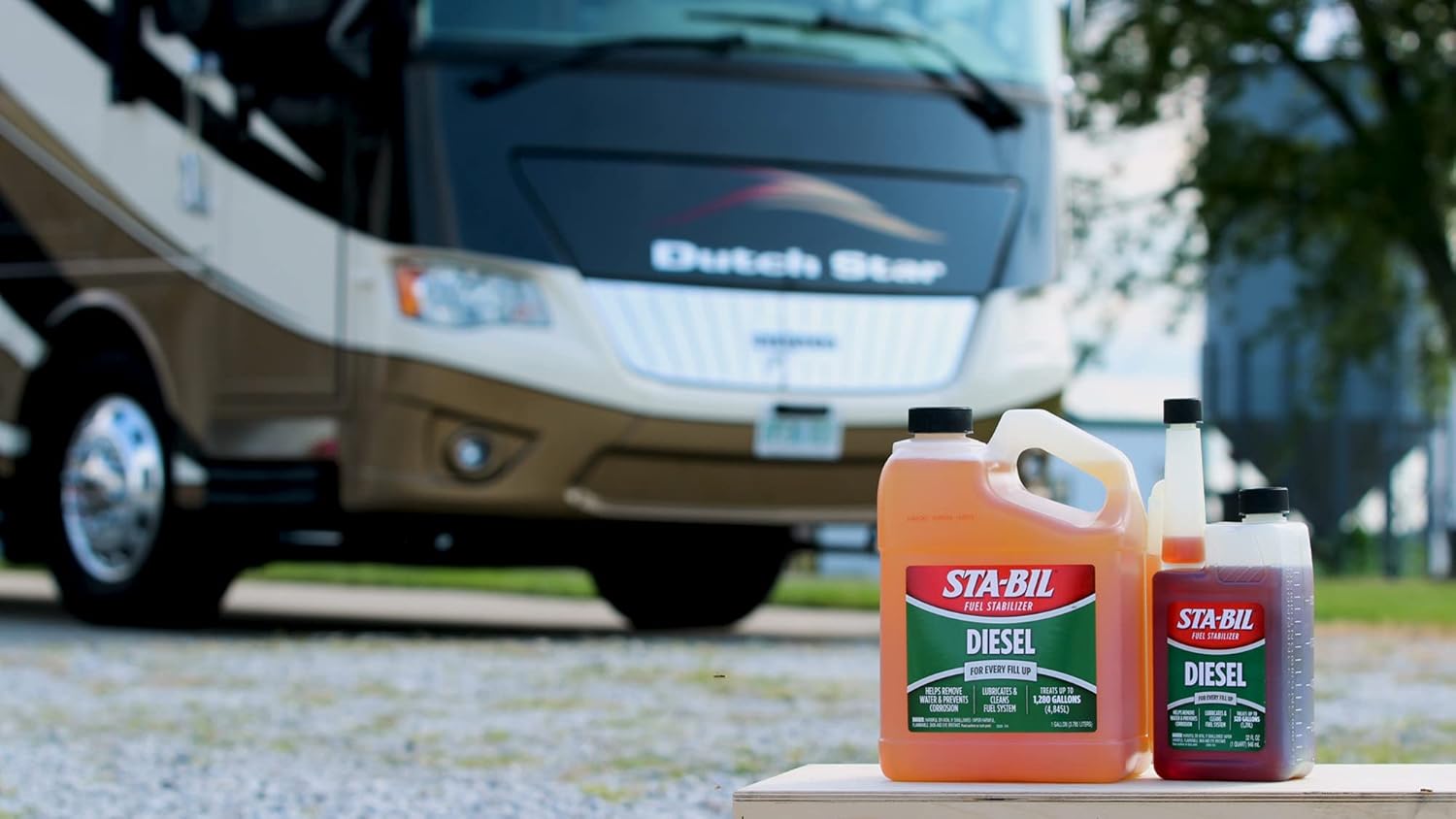 Demonstrates the use of STA-BIL Diesel Fuel Stabilizer for RVs, showing its relevance to motorhome owners.