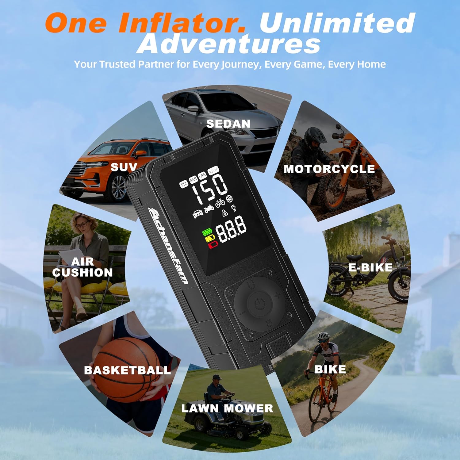 Demonstrates the wide range of applications for the inflator product, showing it can be used for various vehicles, sports equipment, and home items.