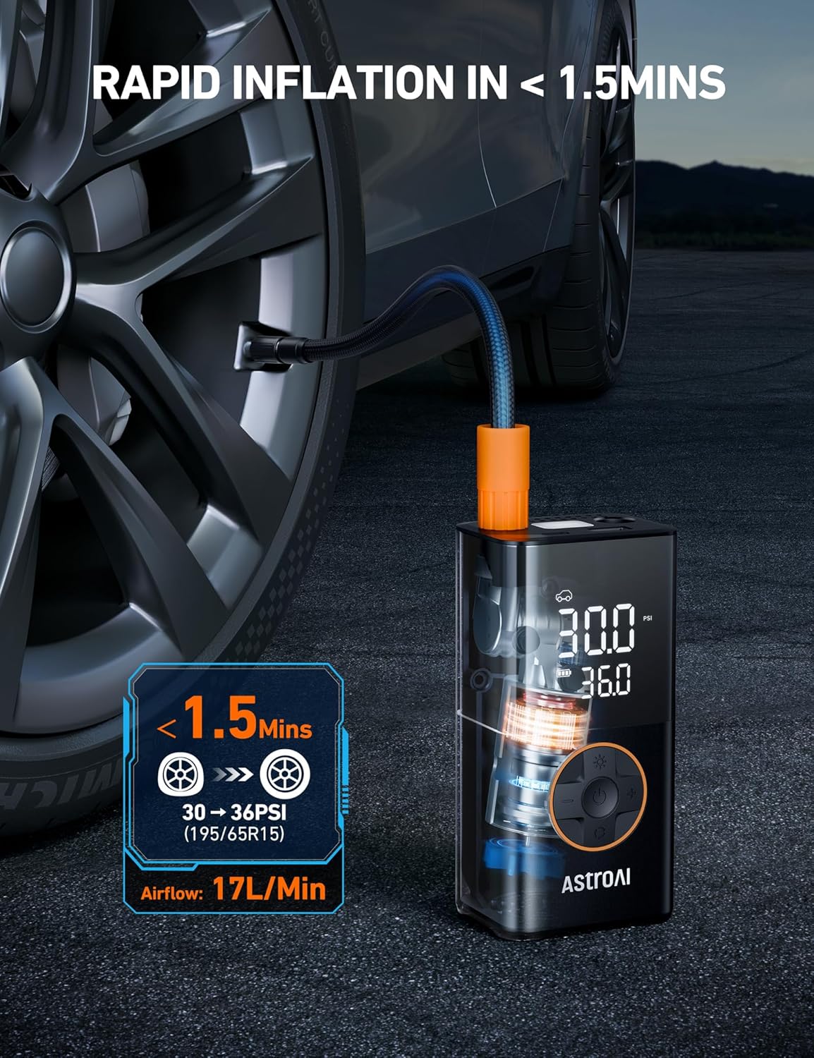 Highlights the product's ability to quickly inflate tires, emphasizing its speed and efficiency for car owners. Provides specific metrics on inflation time and airflow rate to demonstrate the…