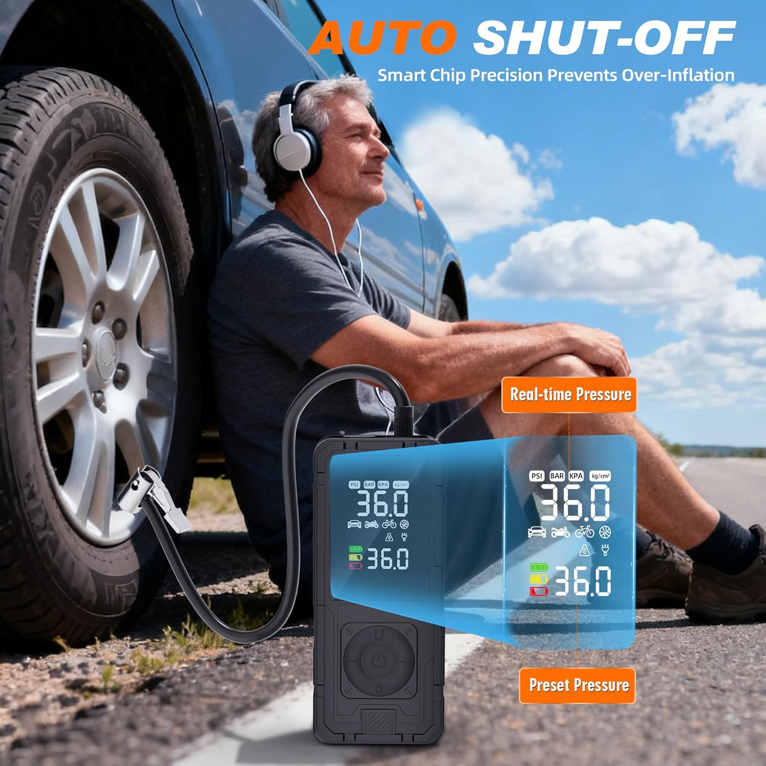 Highlights the product's auto shut-off feature to prevent over-inflation of tires, emphasizing precision and safety.