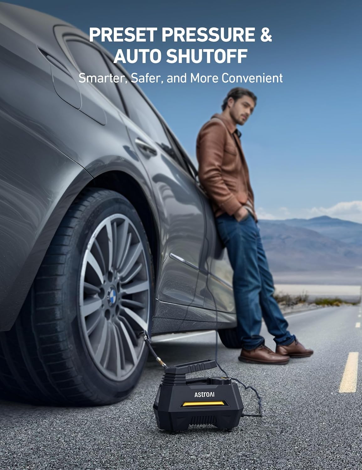Highlights the smart and convenient features of the tire inflator, emphasizing safety and ease of use for drivers.