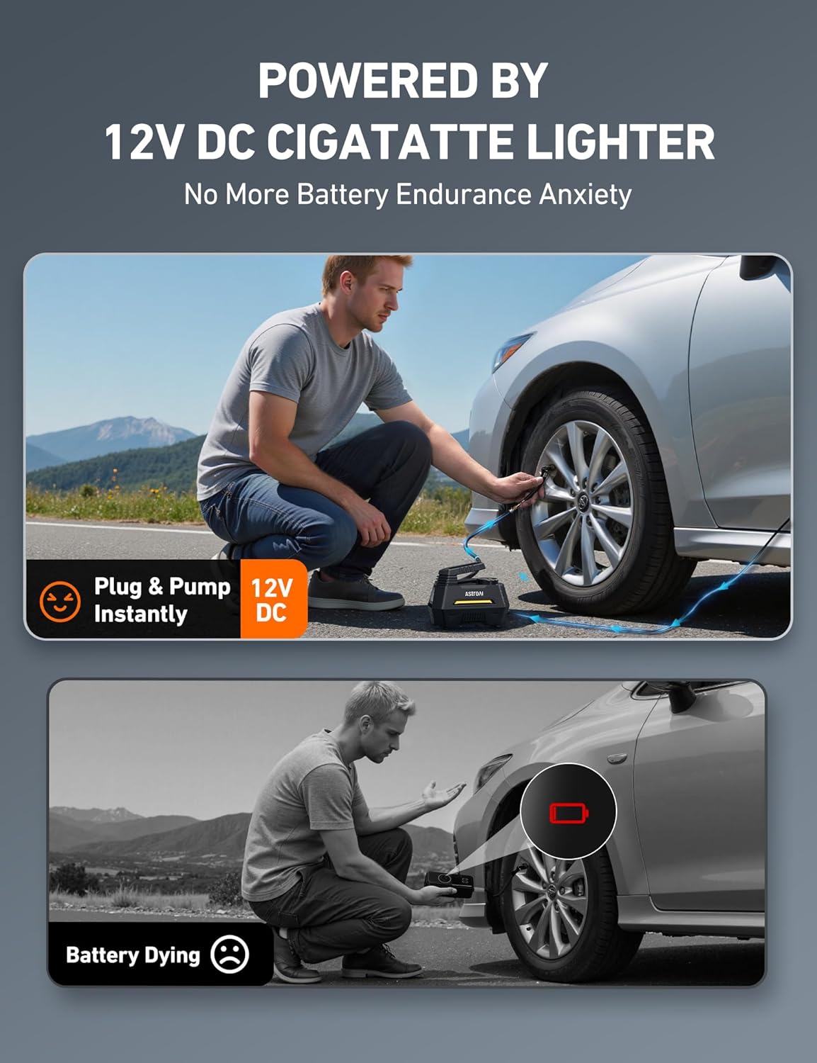 Highlights the product's ability to be powered by a car's cigarette lighter, eliminating battery concerns and allowing for instant use.