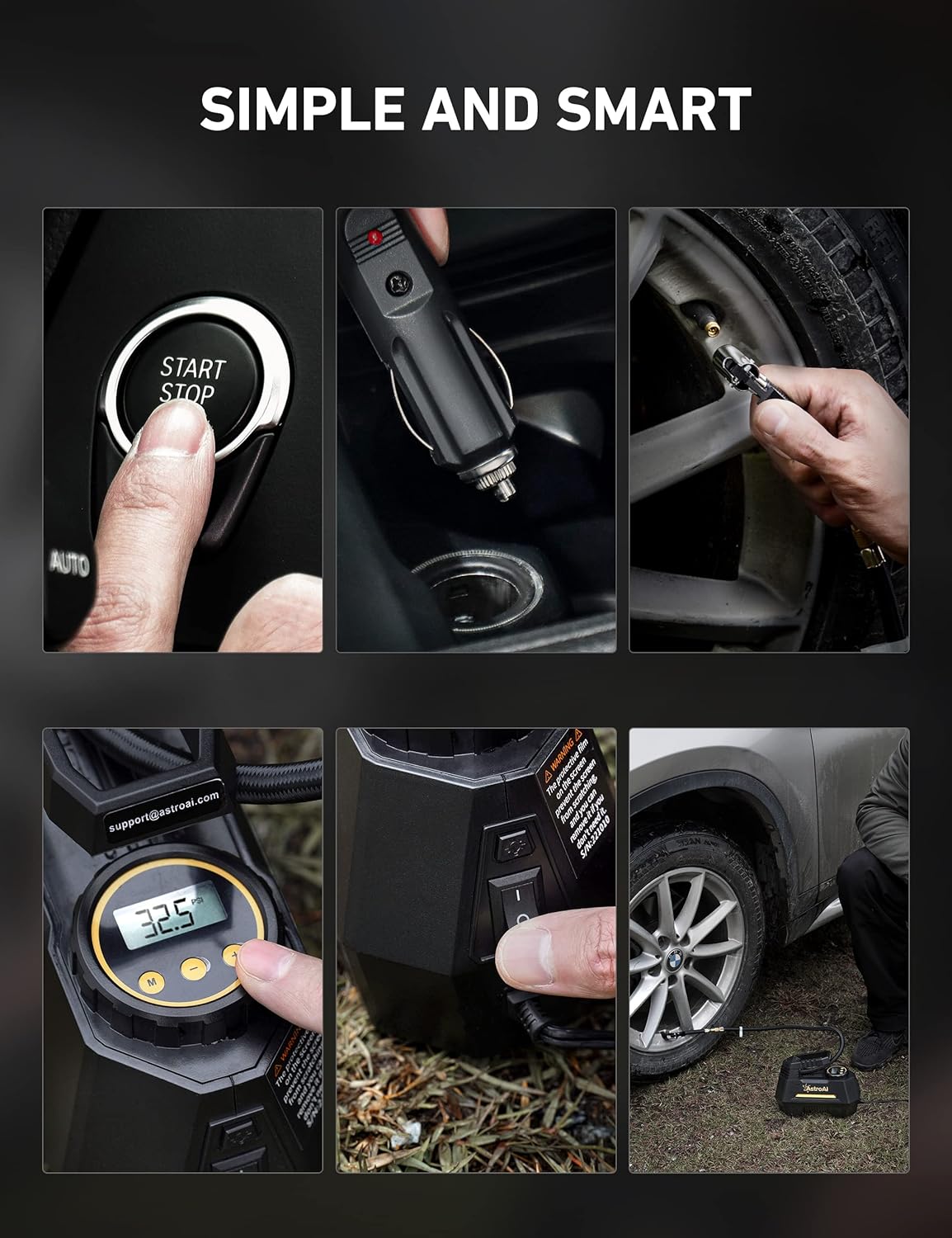 Showcases multiple simple and smart features of the product, emphasizing its ease of use and versatility for various car-related tasks.