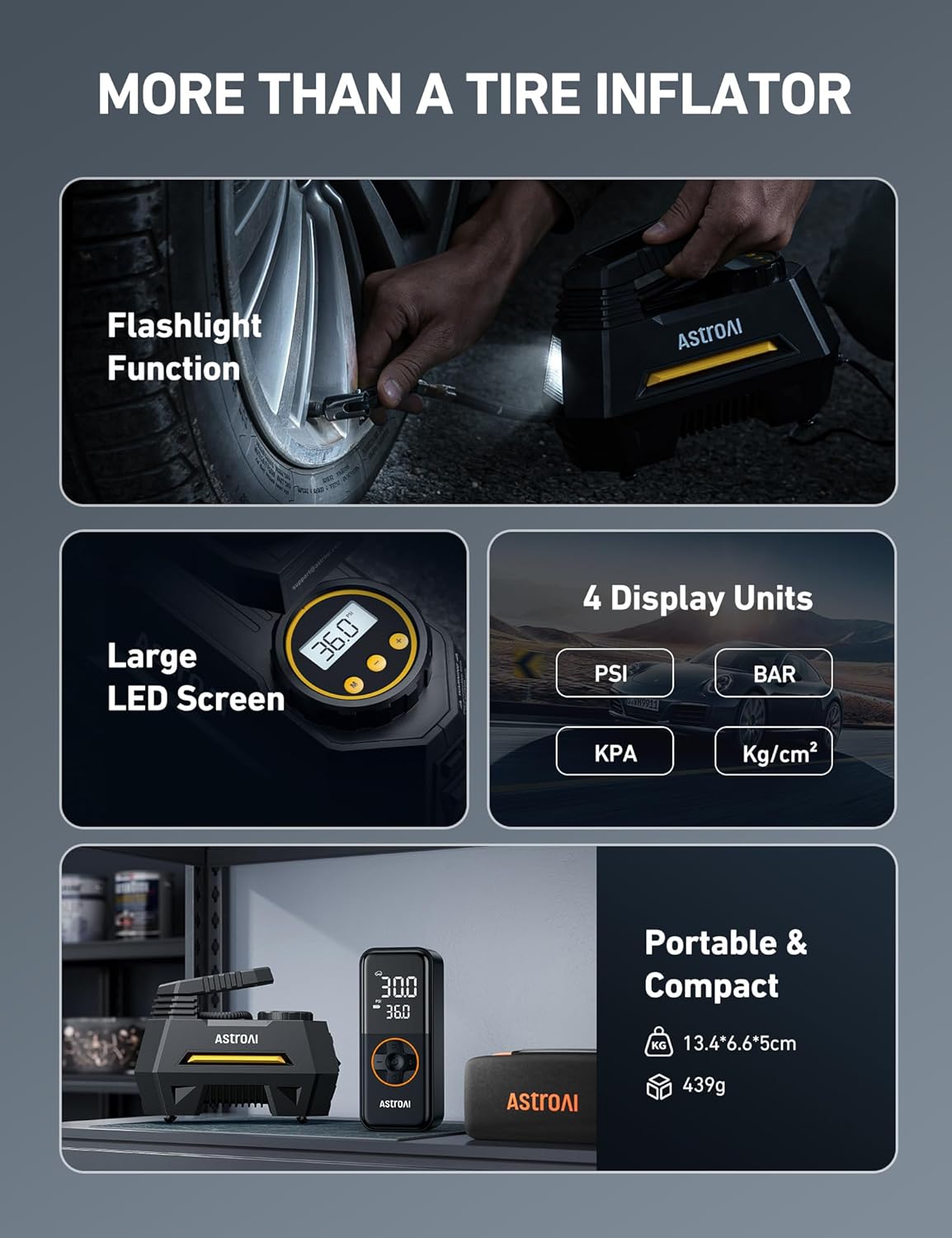 Showcases multiple features of the tire inflator to demonstrate its versatility and ease of use for potential buyers.