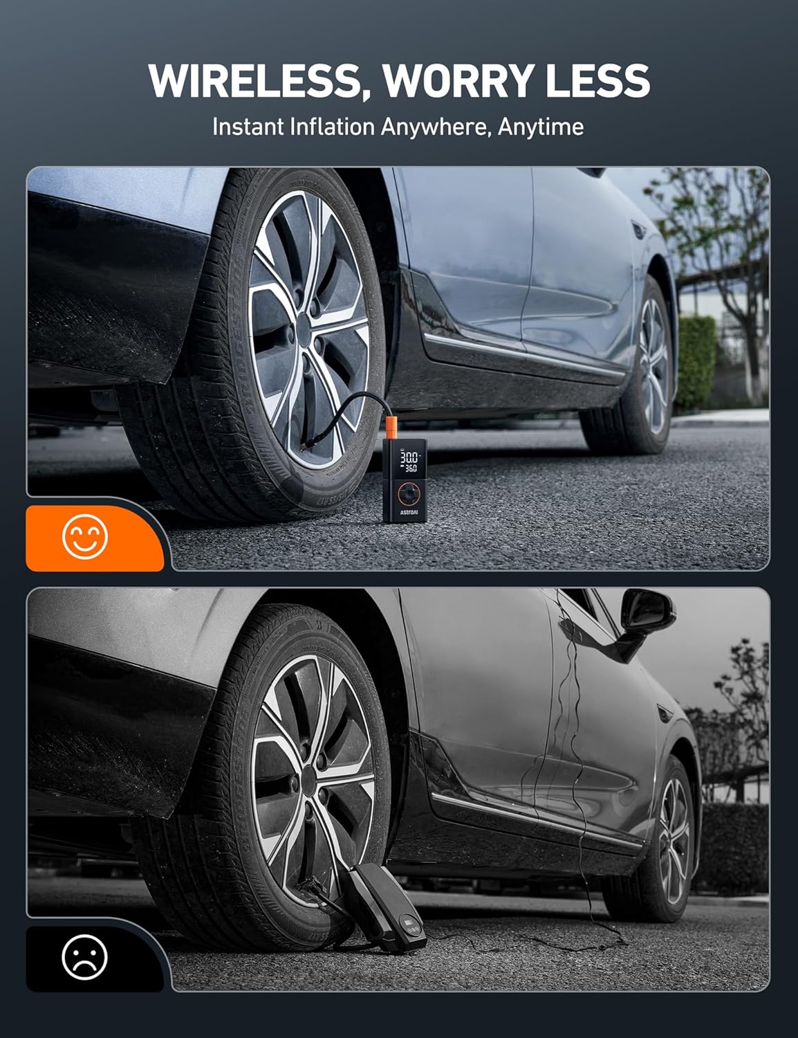 Highlights the convenience and ease of use of a wireless tire inflator, emphasizing the ability to inflate tires instantly anywhere and anytime.