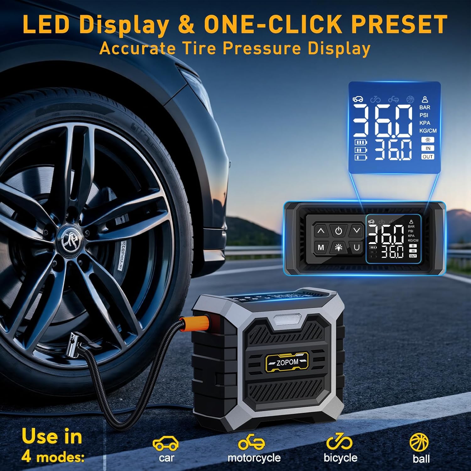 Highlights the product's key features including the LED display, one-click preset functionality, and accurate tire pressure measurement across multiple vehicle types.
