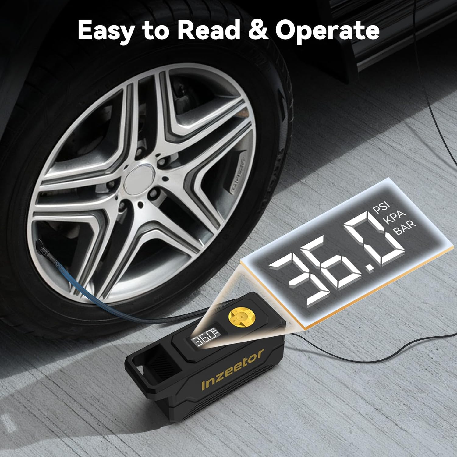 Highlights the product's large, clear digital display for easy reading of tire pressure measurements.