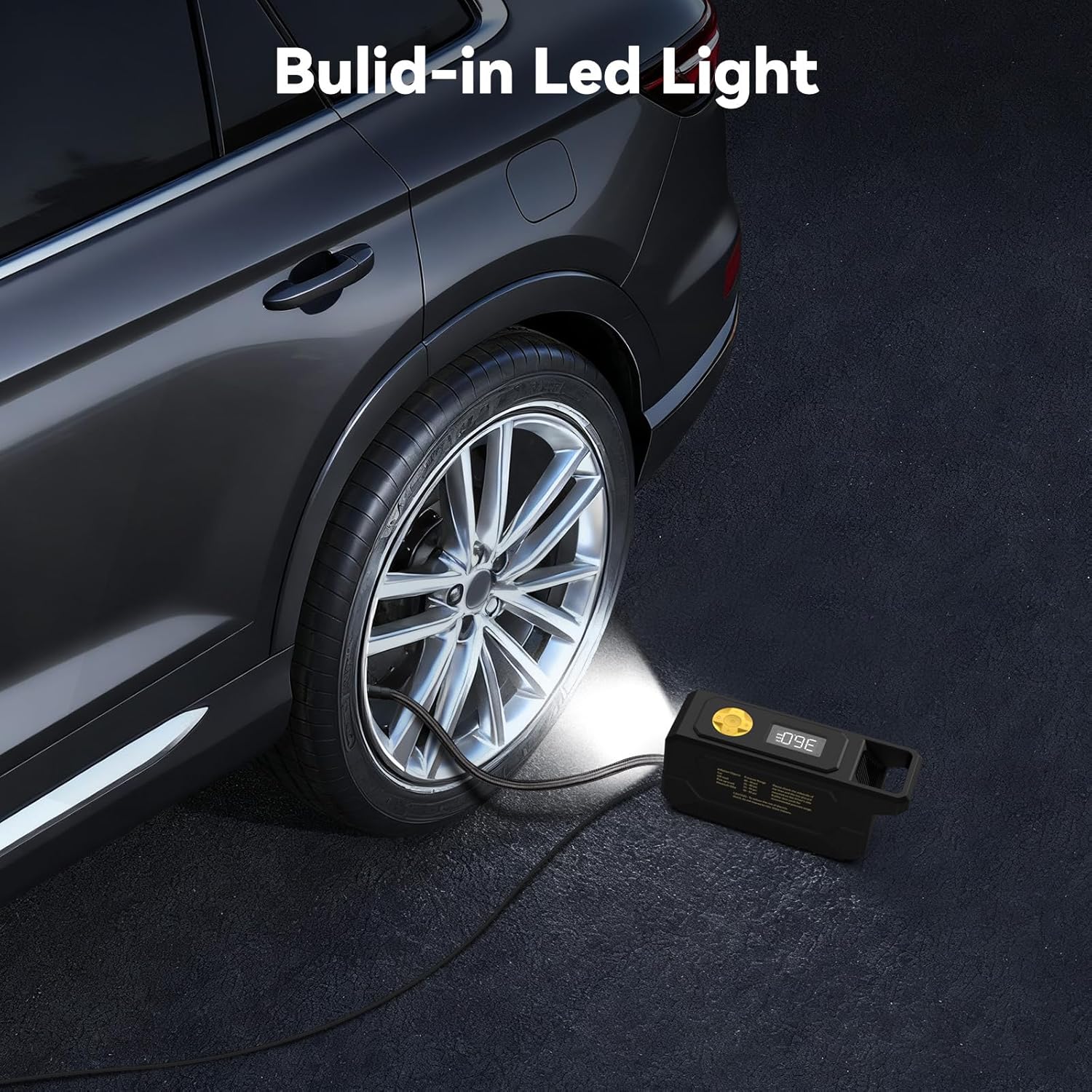 Highlights the product's built-in LED light feature, demonstrating its usefulness for illuminating tire changes or other roadside tasks in low-light conditions.