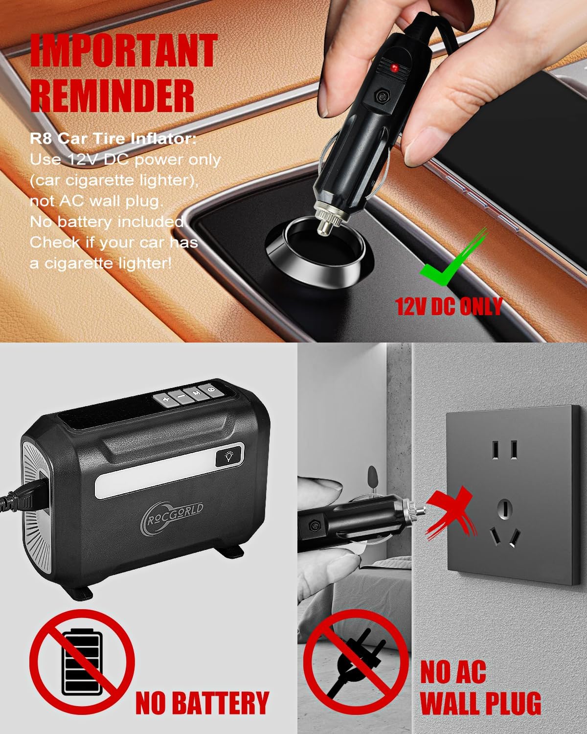 Informs users about the correct power source to use with the car tire inflator, preventing potential damage or safety issues. Provides clear instructions on how to correctly use the product,…