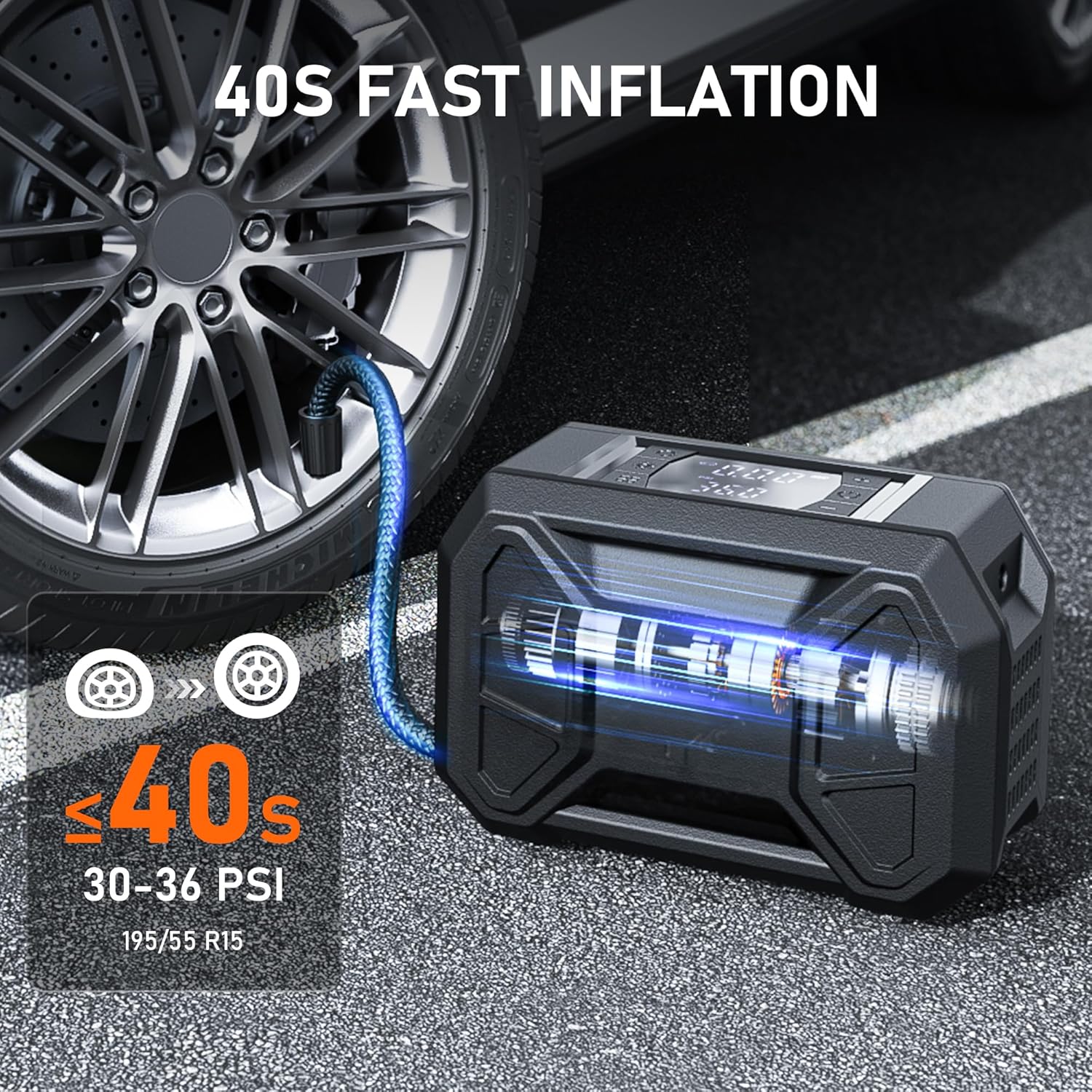 Highlights the product's ability to quickly inflate tires in 40 seconds or less, emphasizing its speed and efficiency for tire maintenance.