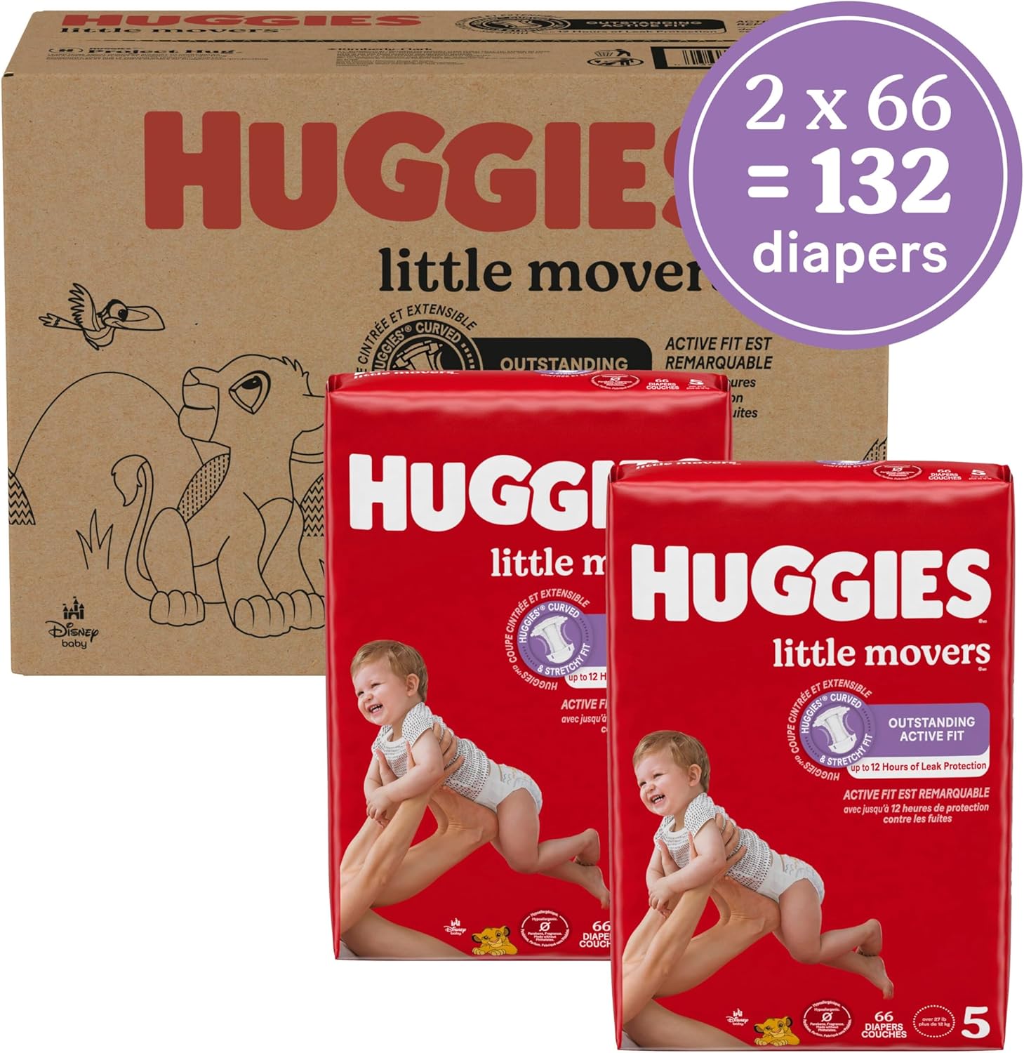 Highlights the total number of diapers in the package to communicate value to the shopper.