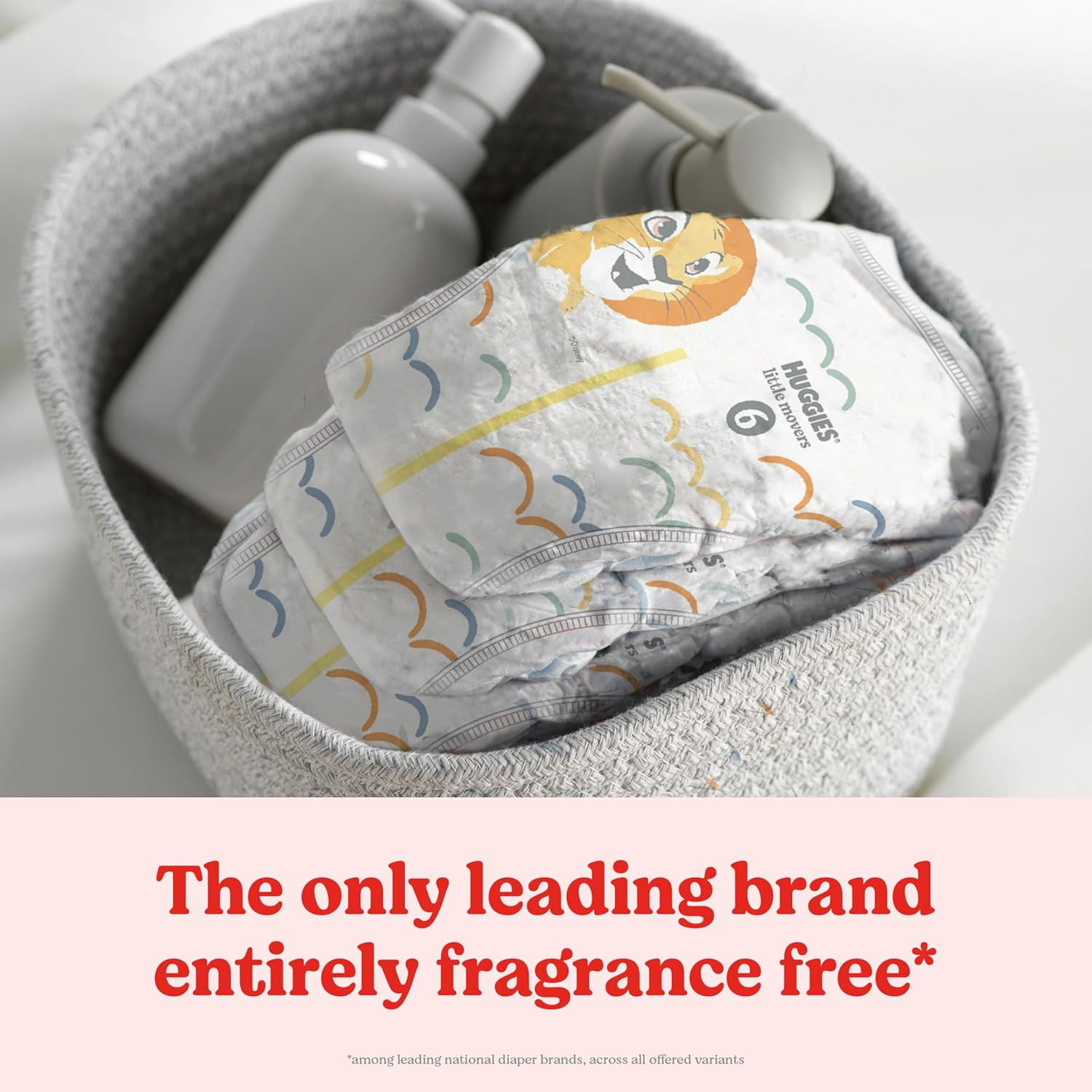 Emphasizes that this diaper brand is the only leading brand that is completely fragrance-free, appealing to parents concerned about sensitive skin or chemical…