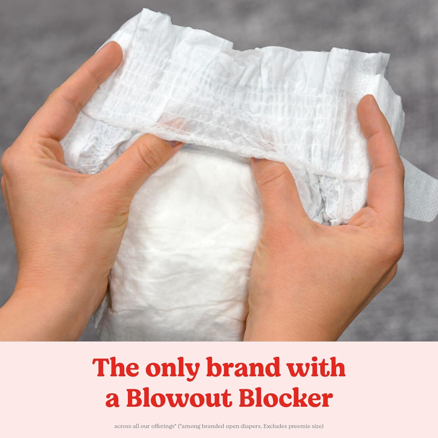 Highlights the unique feature of a blowout blocker to prevent diaper leaks, positioning the brand as innovative and effective.