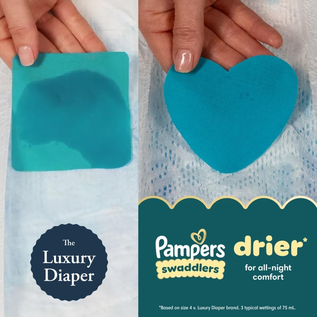 Demonstrates superior absorbency and comfort of Pampers Swaddlers compared to a luxury diaper brand, emphasizing dryness for overnight use.