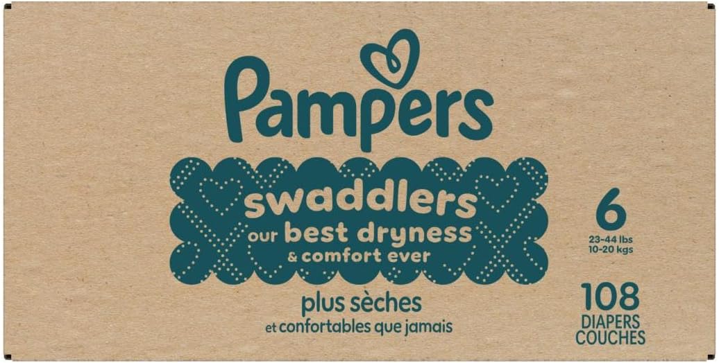 Emphasizes the Pampers brand and Swaddlers product line, highlighting its key benefit of dryness and comfort.