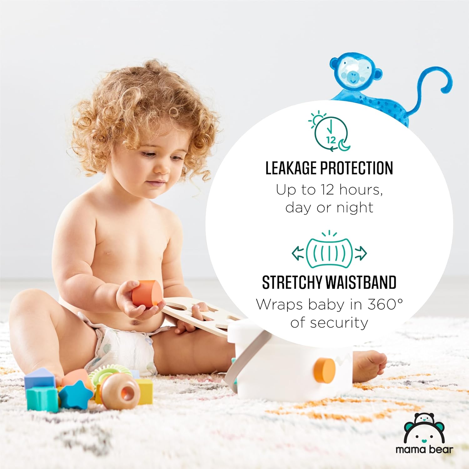 Highlights two key features of the diaper: long-lasting leakage protection and a comfortable, secure fit for the baby.