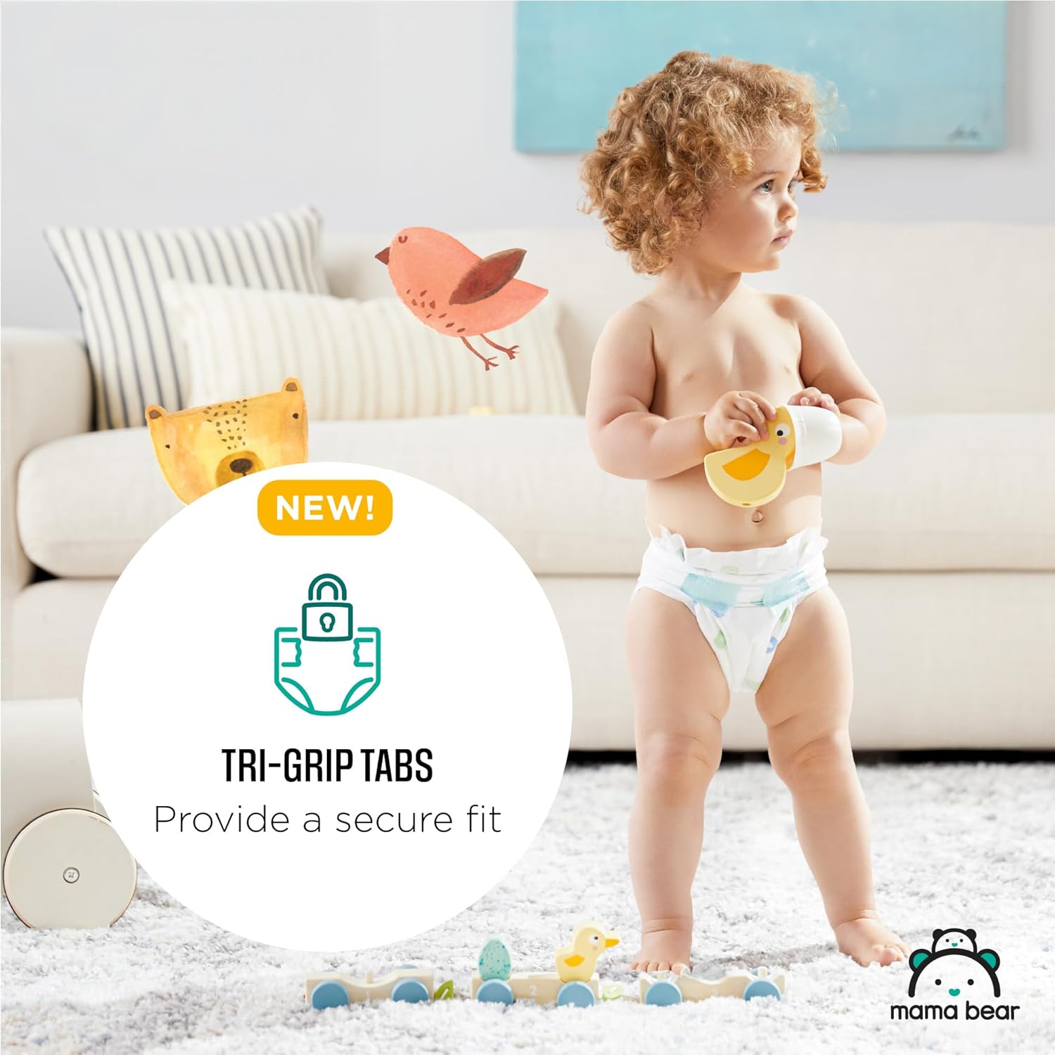 Highlights the new tri-grip tabs feature that provides a secure fit for the diaper, reassuring parents of leak protection and comfort for their baby.