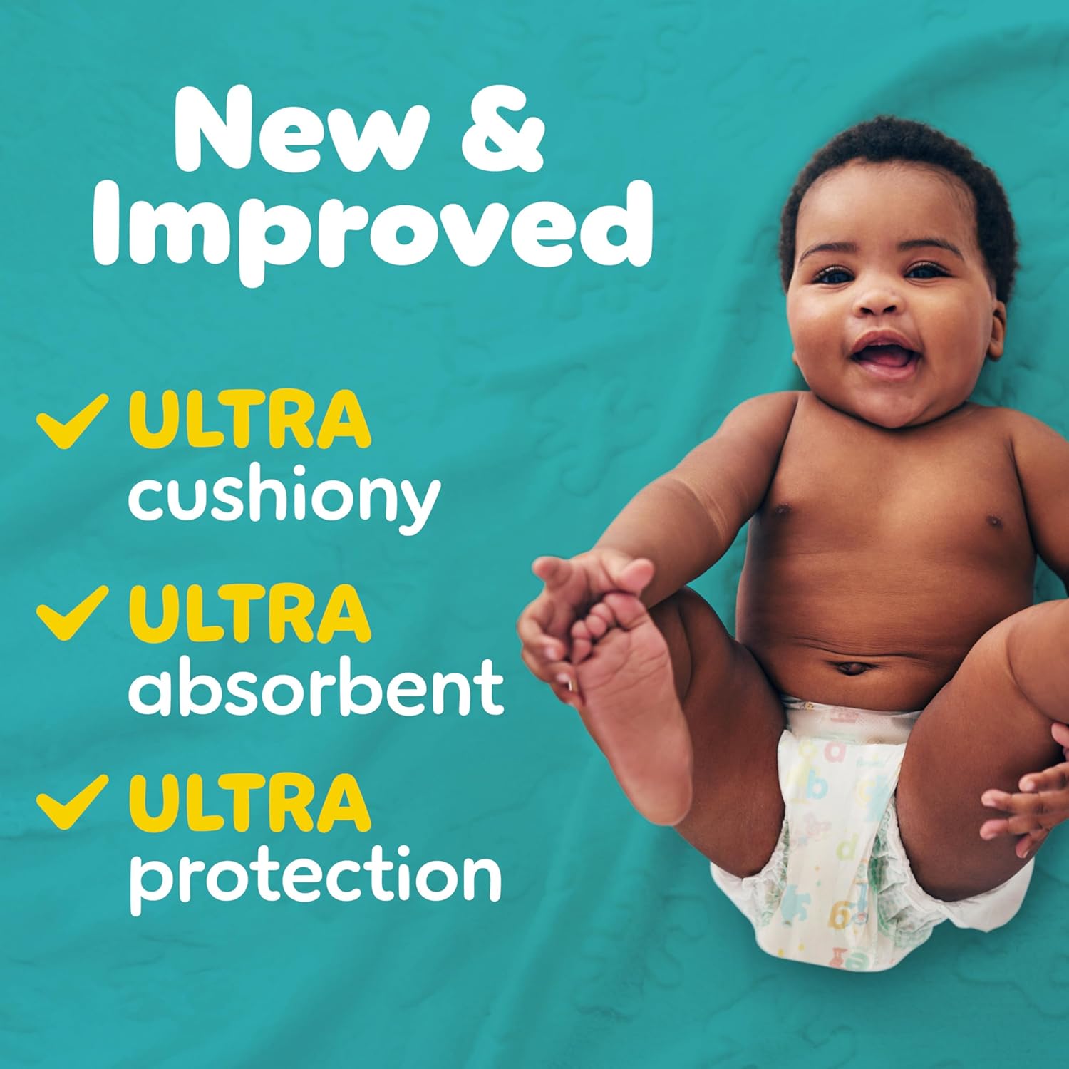 Highlights multiple improved features of the diaper to emphasize its enhanced comfort and effectiveness for babies.