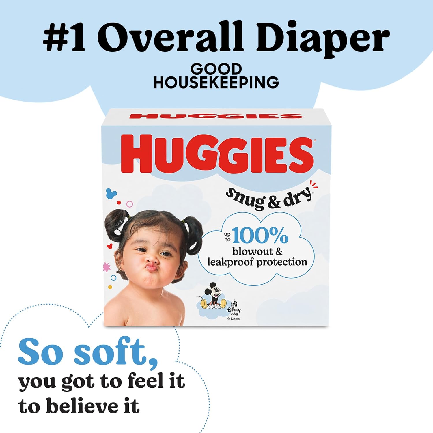 Highlights multiple key benefits of Huggies diapers to convince parents of its superior quality and effectiveness. Builds credibility by showcasing the Good…