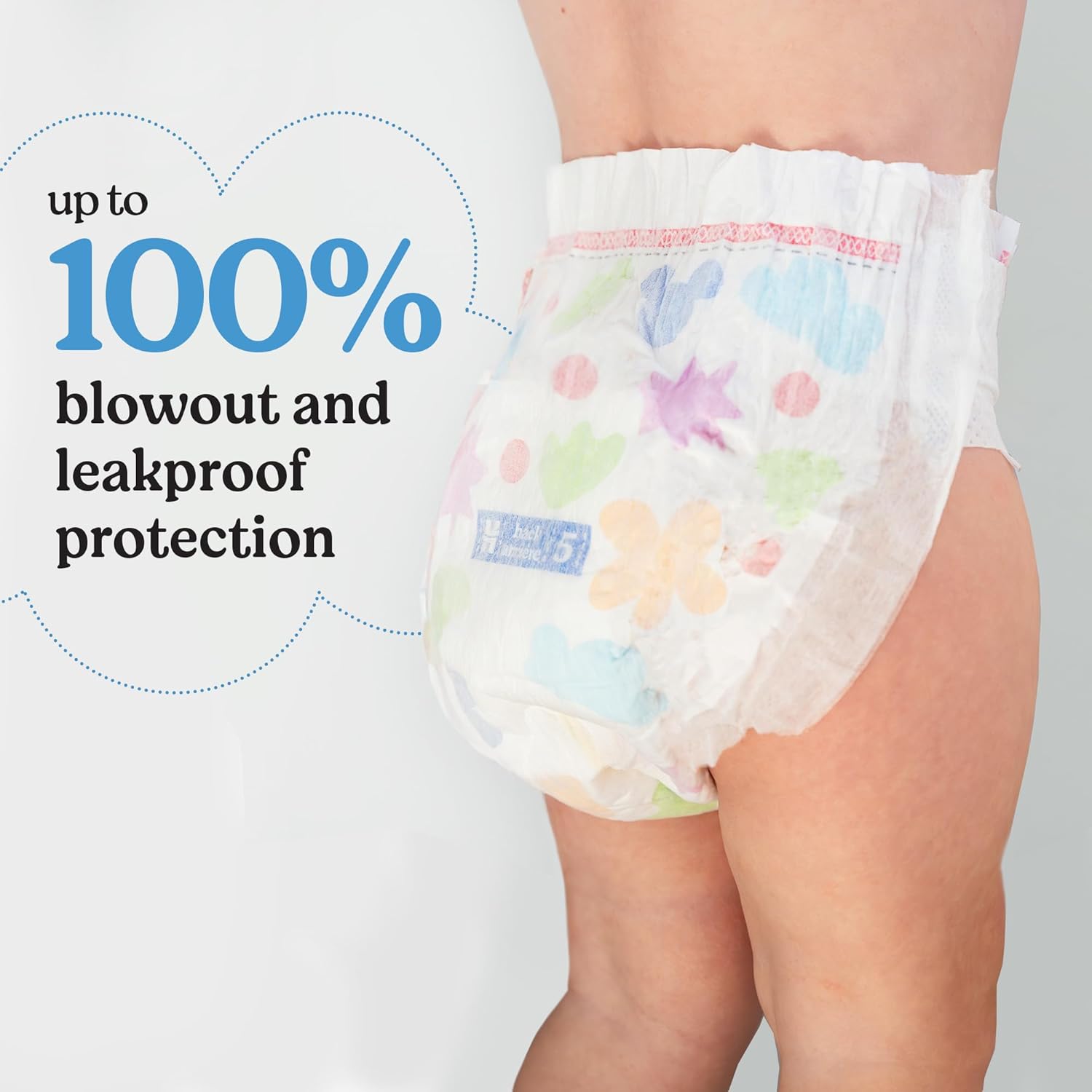 Highlights the diaper's 100% blowout and leakproof protection capability to reassure parents about its effectiveness.