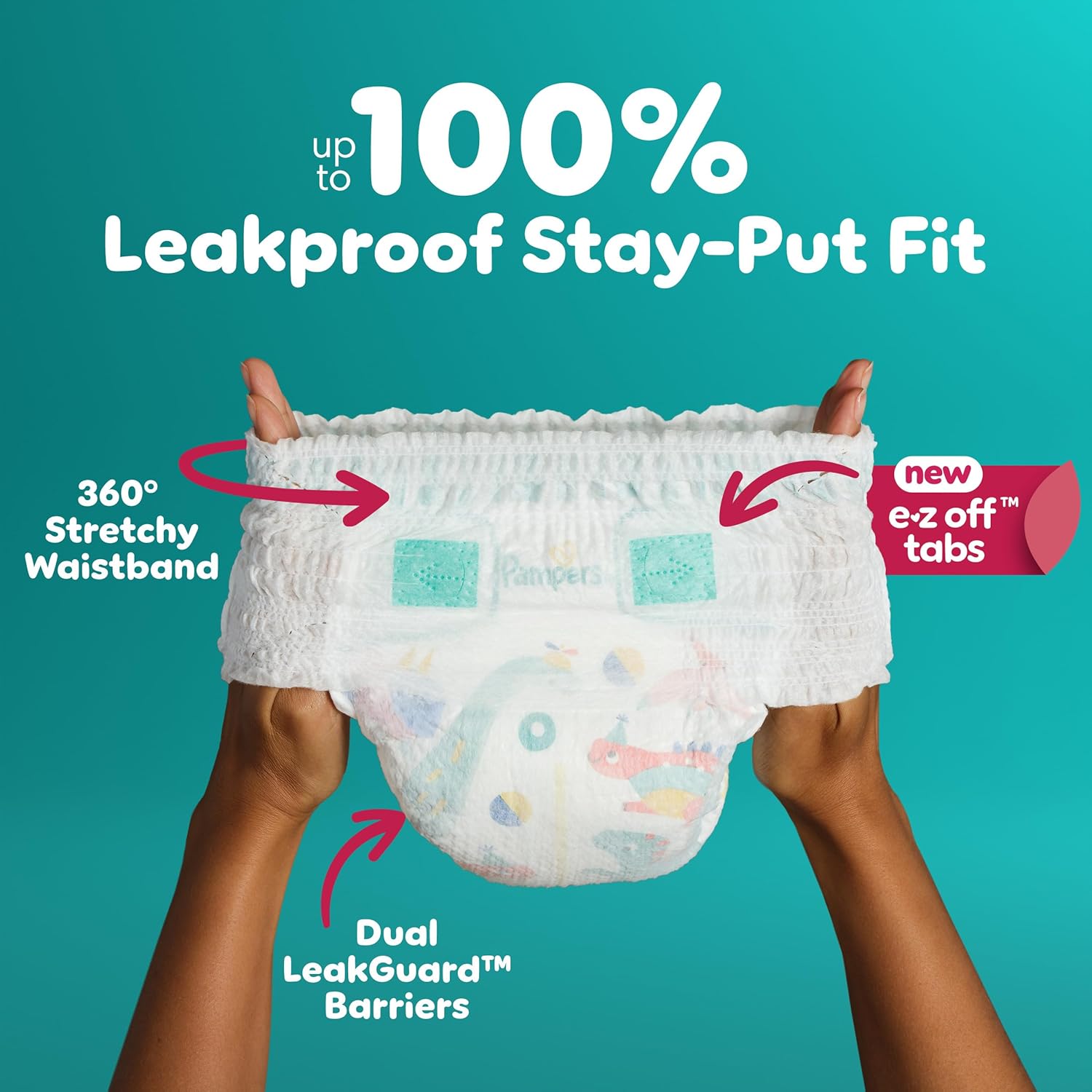 Highlights multiple features of the diaper to demonstrate its superior fit and ease of use, reassuring parents about leak prevention and convenience.