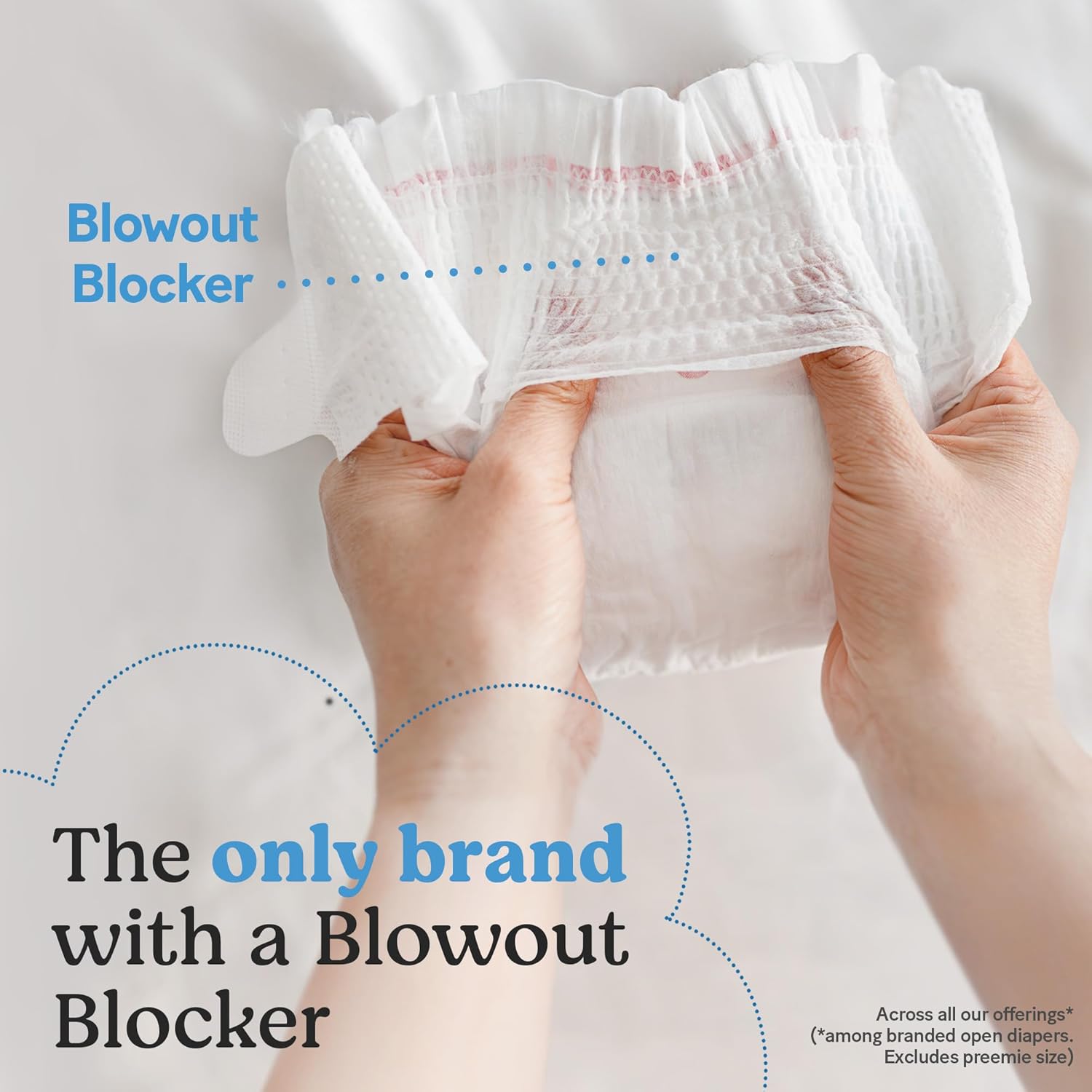 Highlights the unique 'Blowout Blocker' feature of the diaper to reassure parents about leak prevention and mess containment.