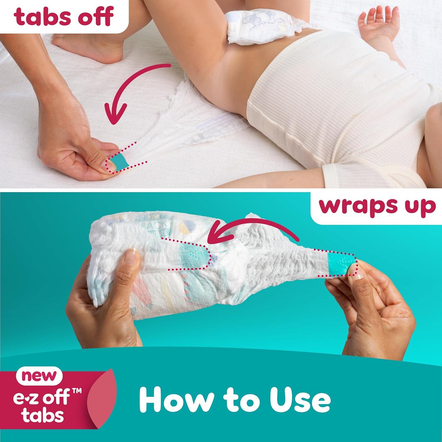 Demonstrates the simple process of removing and wrapping up a used diaper using the new e-z off tabs feature.