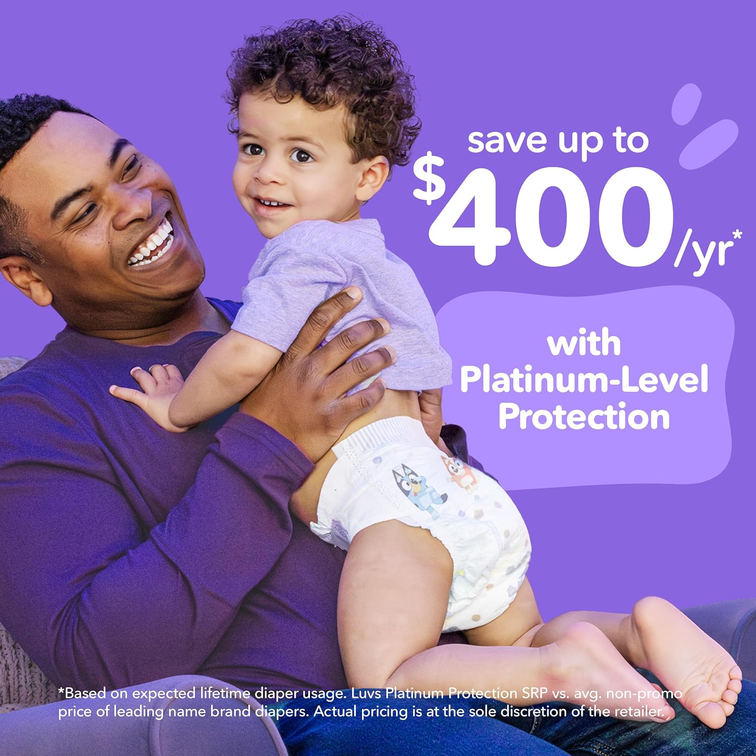 Highlights the potential yearly savings to attract budget-conscious parents. Shows a joyful father-child interaction to create an emotional connection with the product.